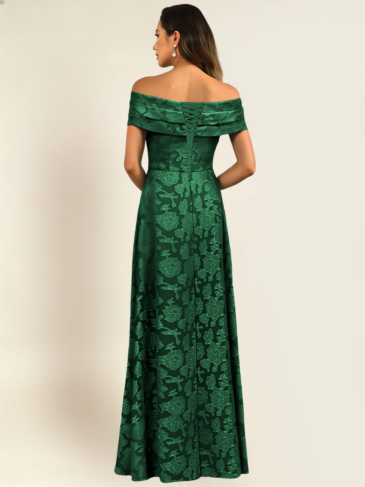 ROVDESY Off the Shoulder Floral Jacquard A-Line Long Mother of the Bride Dress