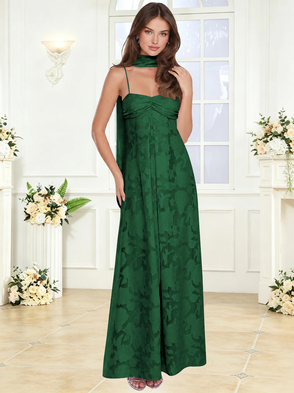Spaghetti Strap Ruched Floral Jacquard A Line Bridesmaid Dress with Scarf