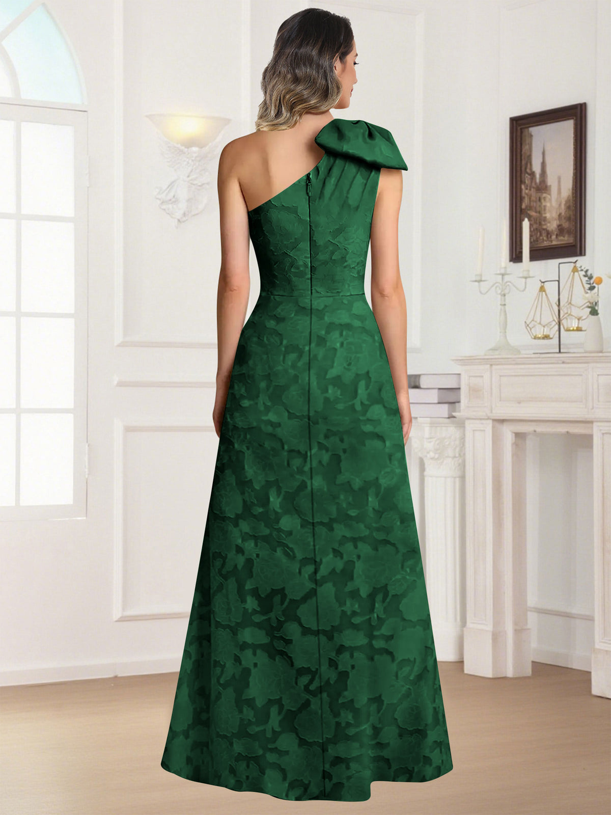 One Shoulder Floral Jacquard Mother of the Bride Dress