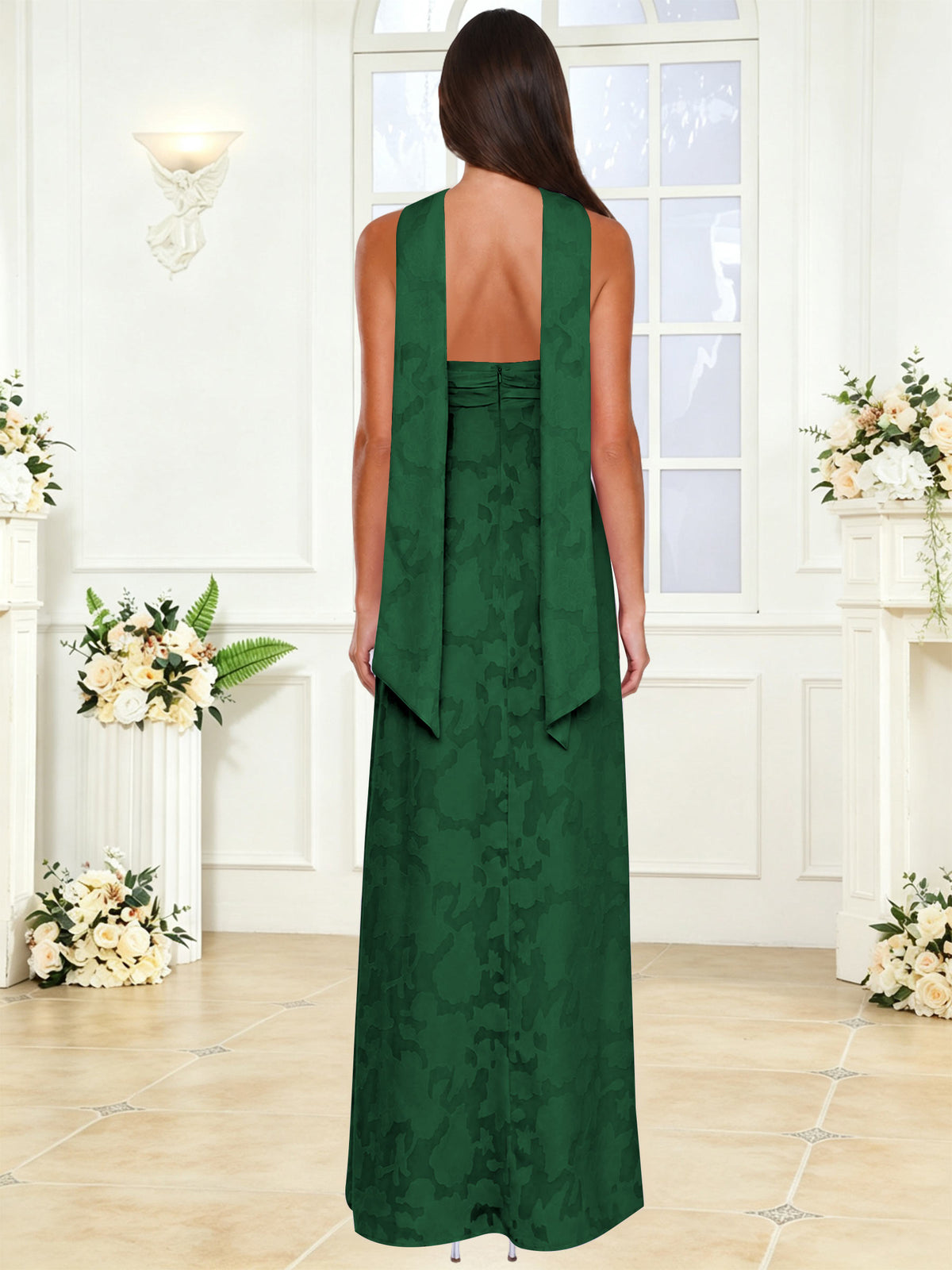 Spaghetti Strap Ruched Floral Jacquard A Line Bridesmaid Dress with Scarf