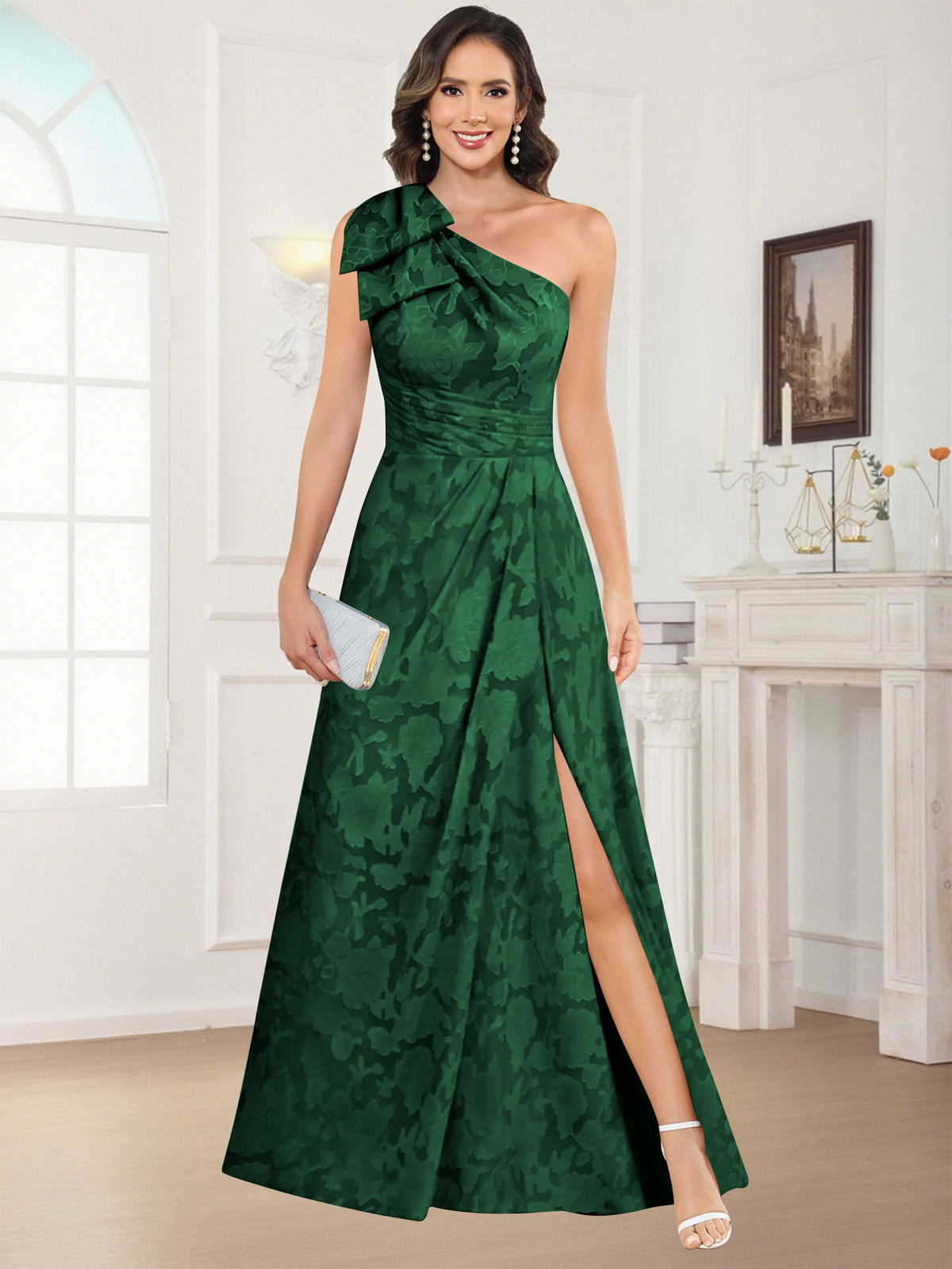 One Shoulder Floral Jacquard Mother of the Bride Dress