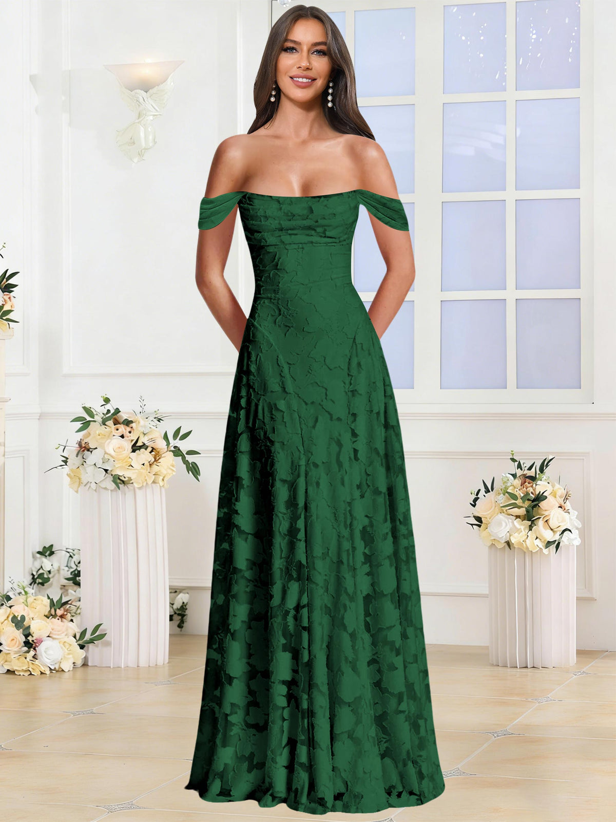 Off the Shoulder Floral Ruched A-line Bridesmaid Dress