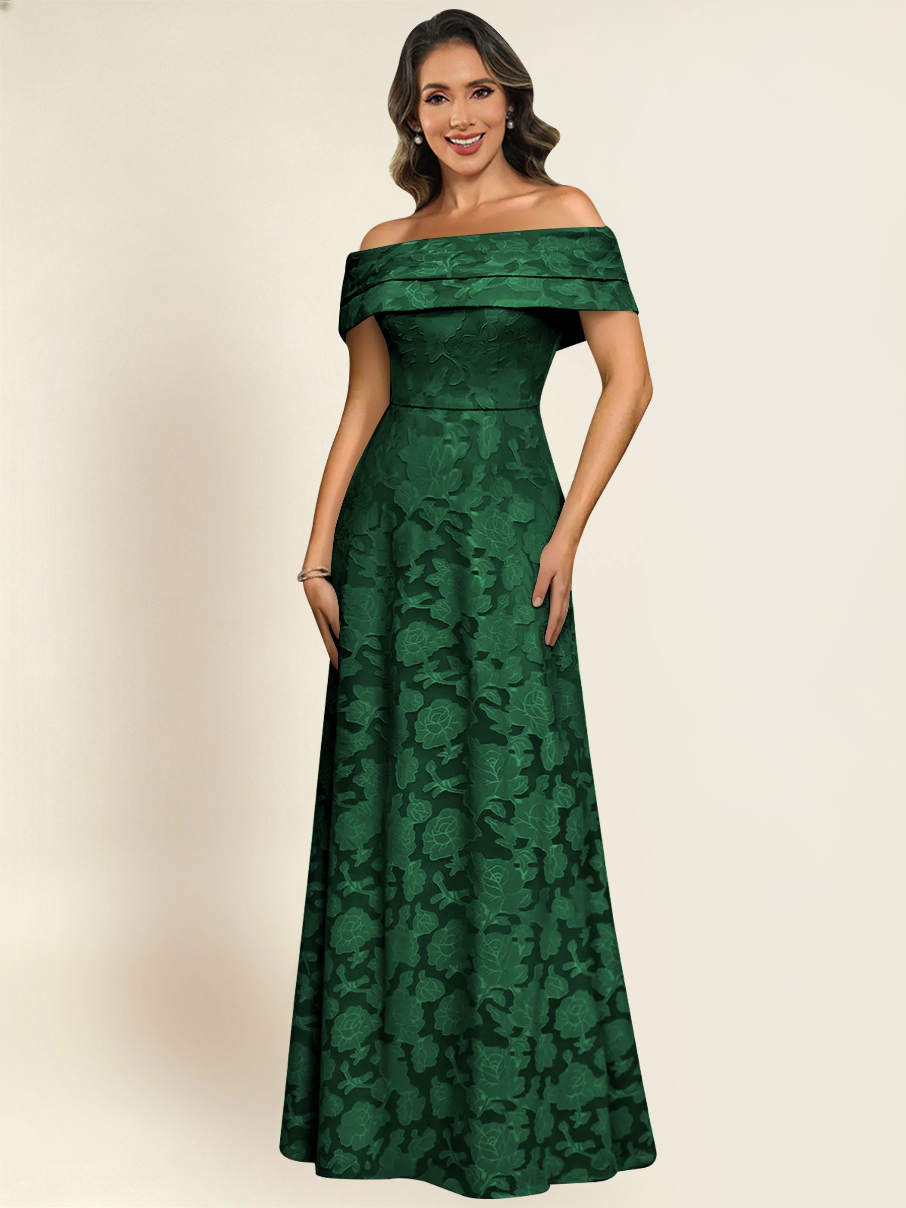 ROVDESY Off the Shoulder Floral Jacquard A-Line Long Mother of the Bride Dress