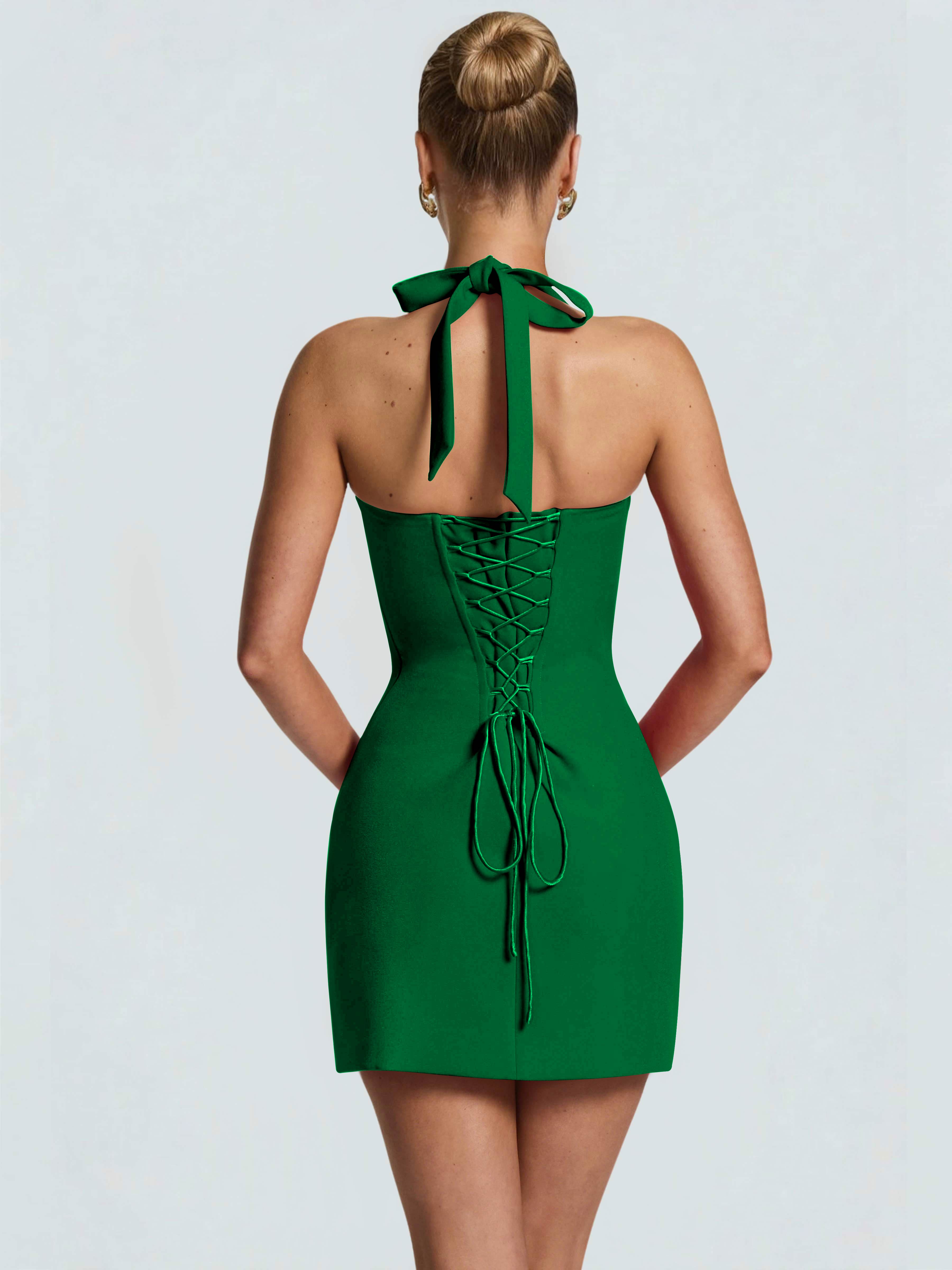 ROVDESY Halter Lace Satin Tight Homecoming Mini Dress