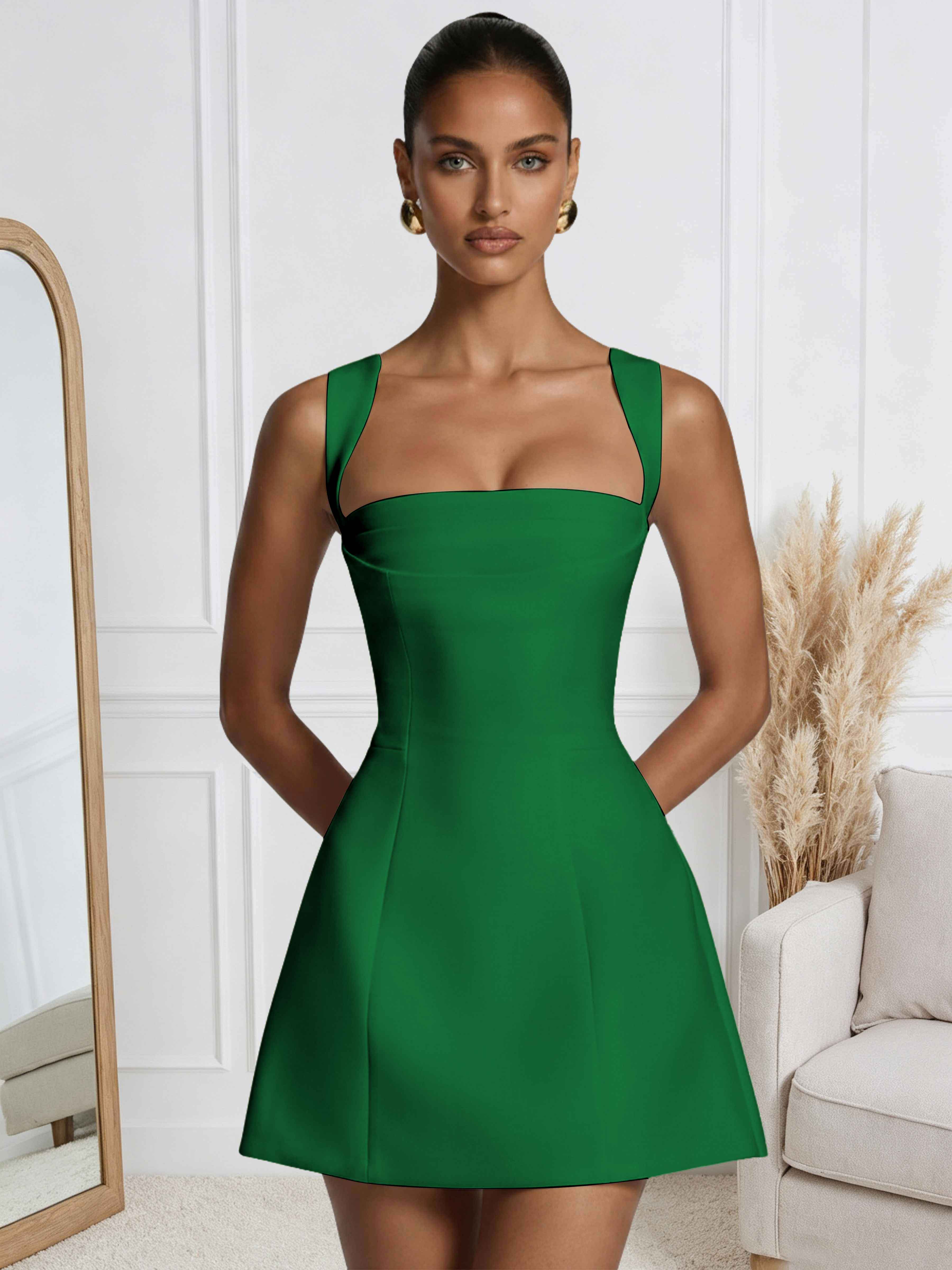 ROVDESY A-Line Square Neck Satin Homecoming Mini Dress