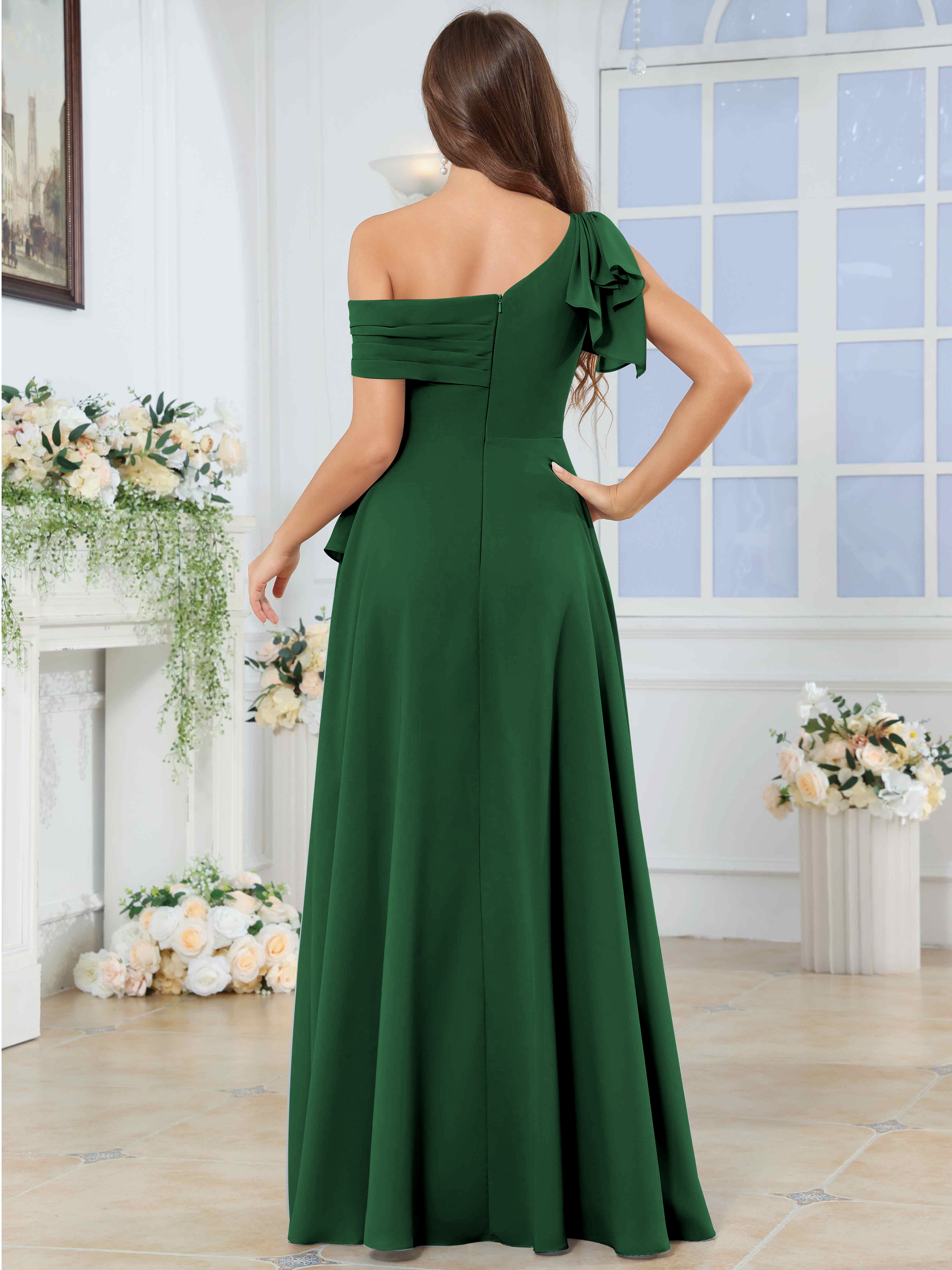 ROVDESY One Shoulder Pleated Ruffle Chiffon Bridesmaid Dress With Slit