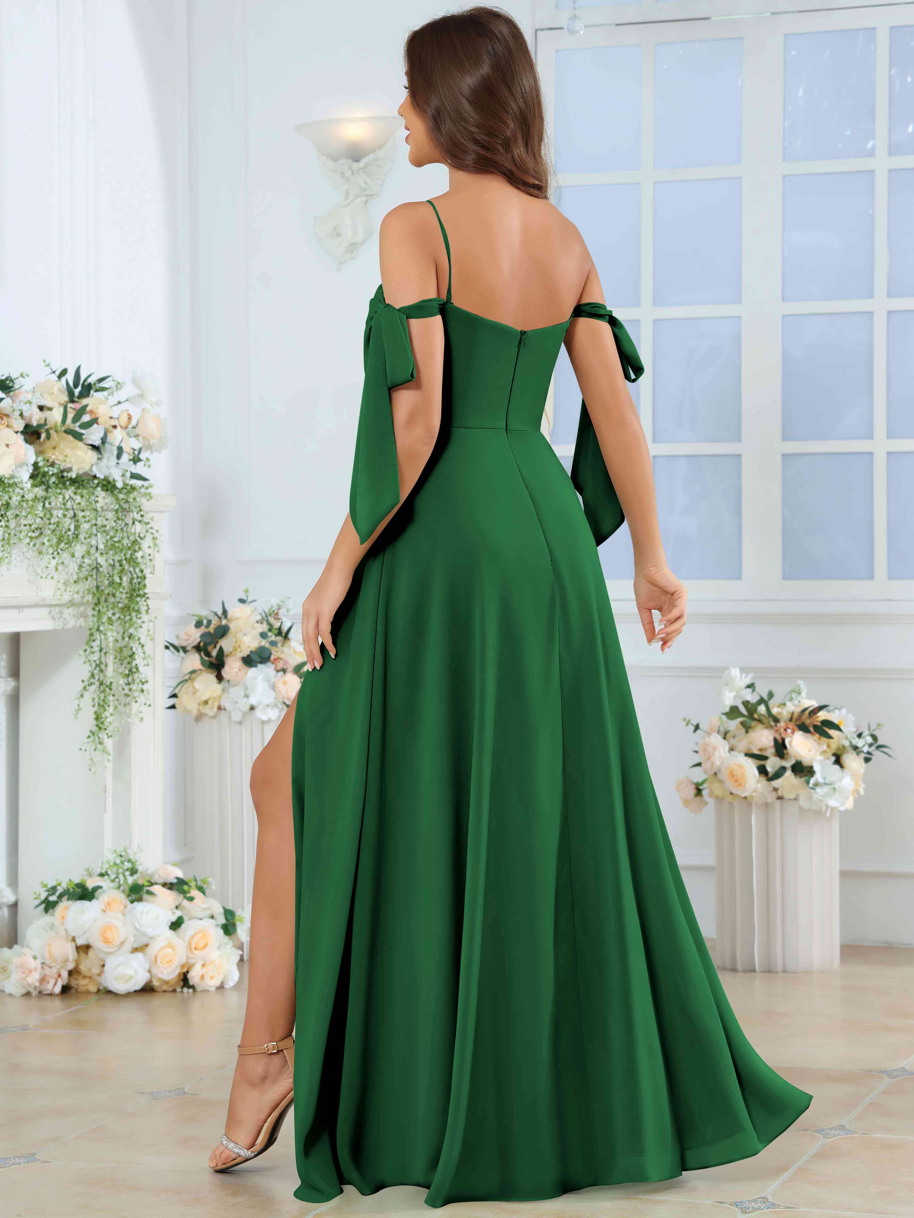 ROVDESY Spaghetti Strap Pleated Ruffle Slit Chiffon Bridesmaid Dress With Bow Sleeves