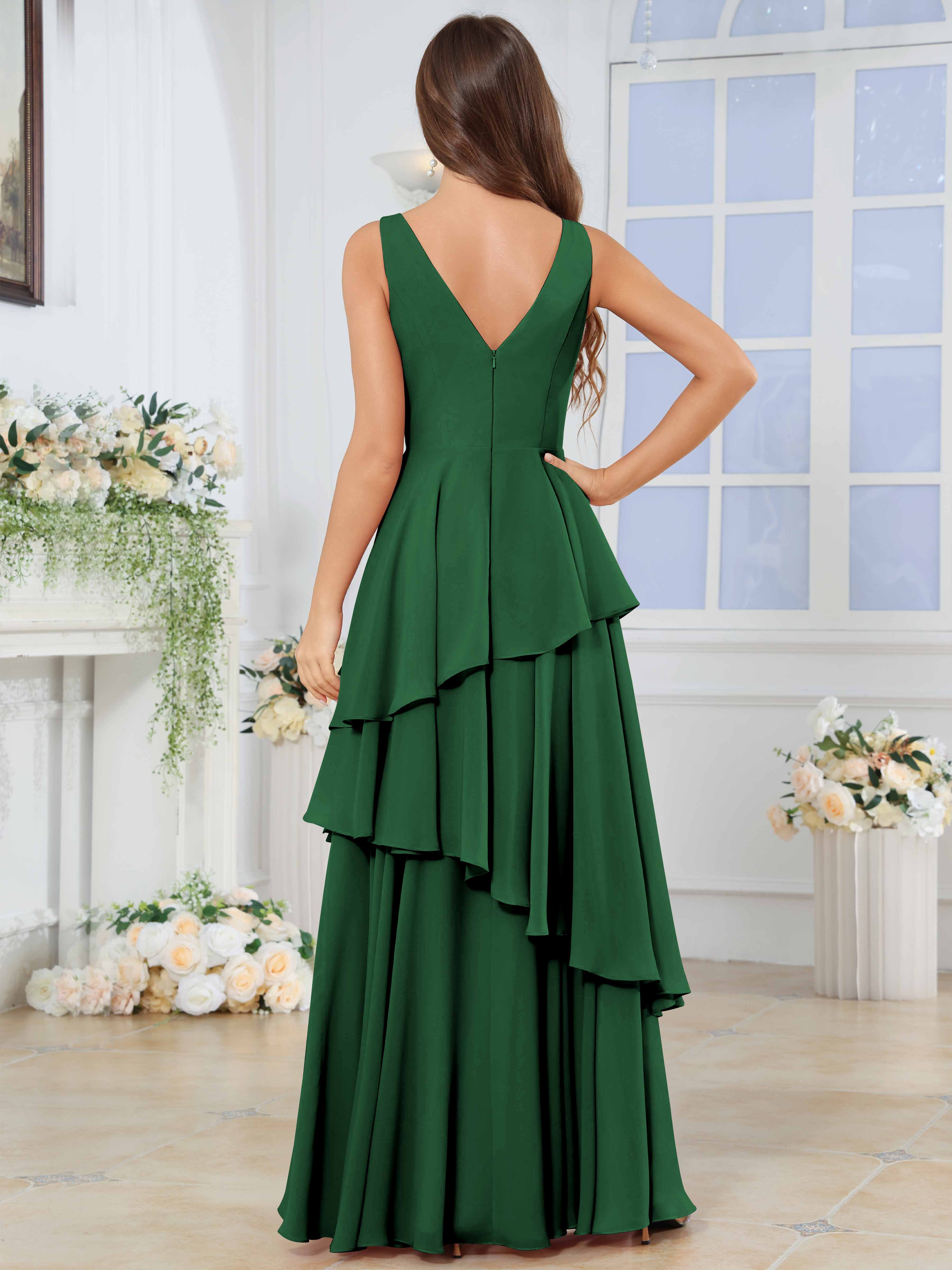 ROVDESY Long Sleeveless V-Neck Tiered Pleated Chiffon Bridesmaid Dress