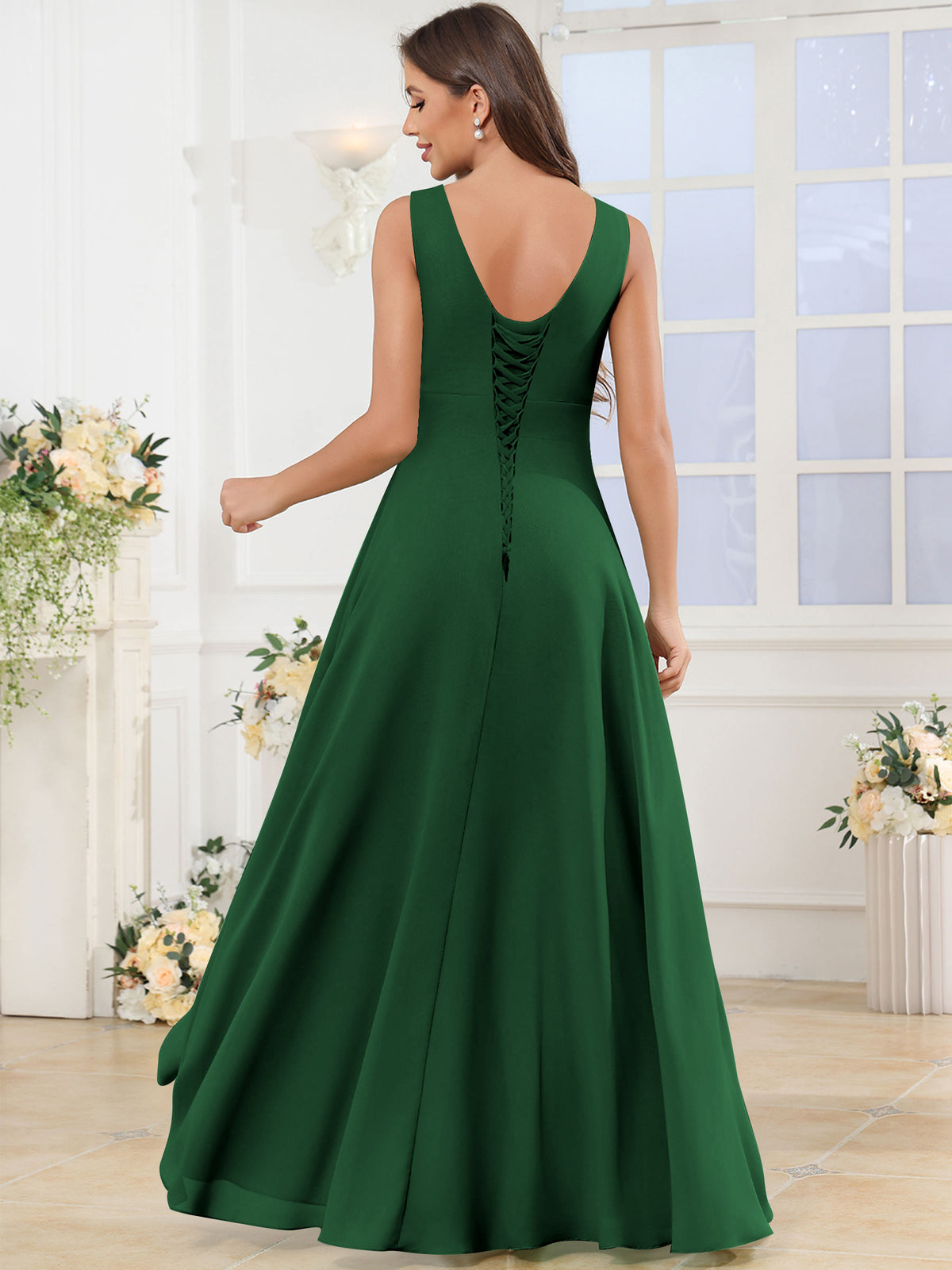 V Neck Chiffon A Line Ruffle Bridesmaid Dress with Slit