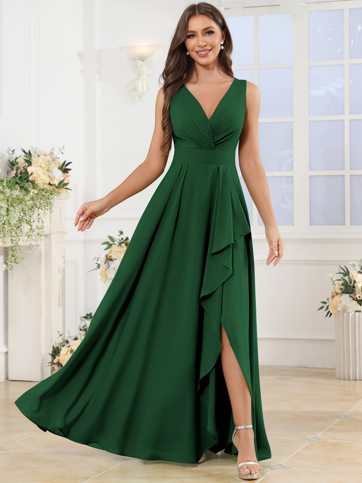 V Neck Chiffon A Line Ruffle Bridesmaid Dress with Slit
