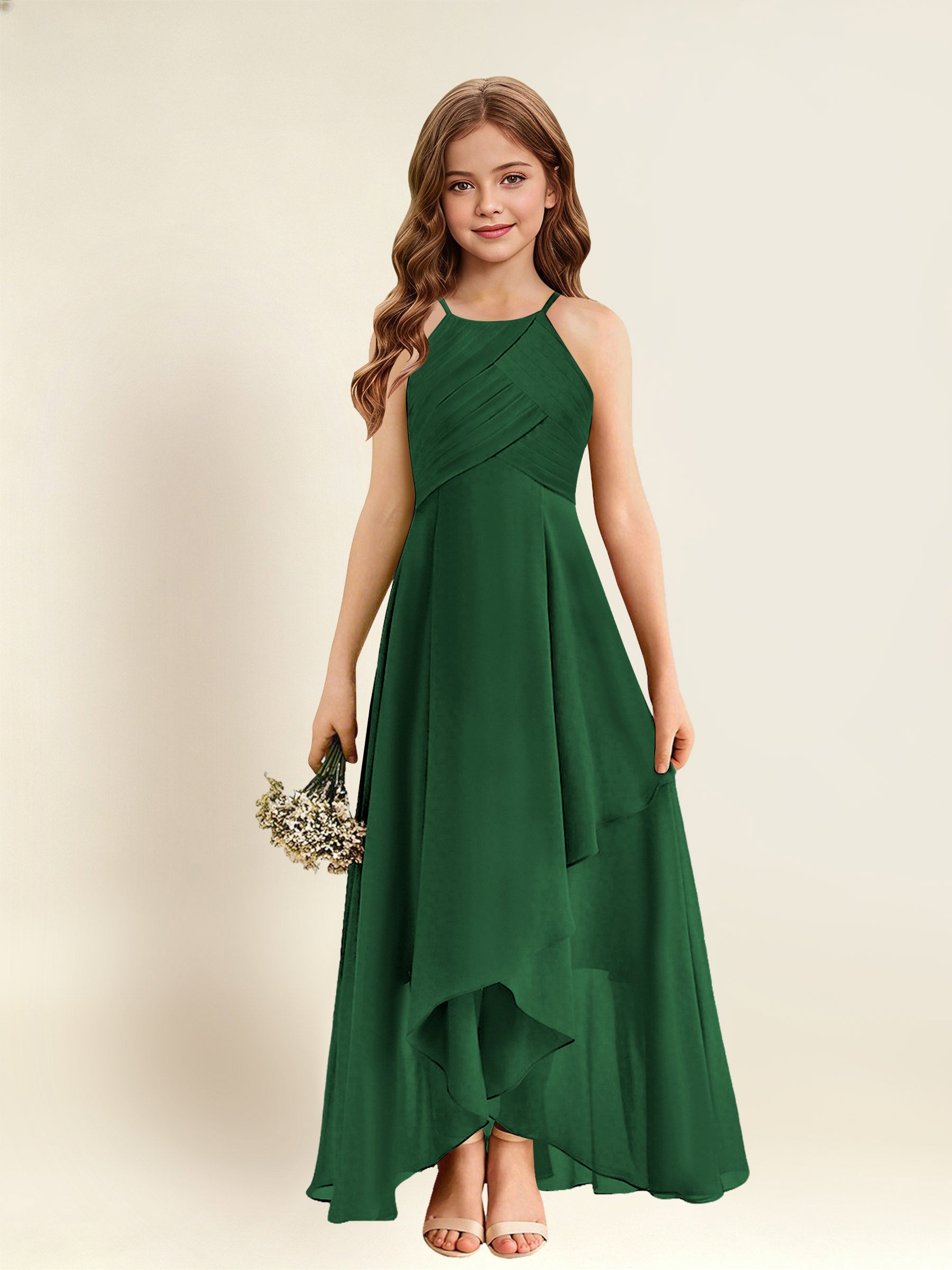 ROVDESY A-Line Halter Pleated Chiffon Junior Bridesmaid Dress