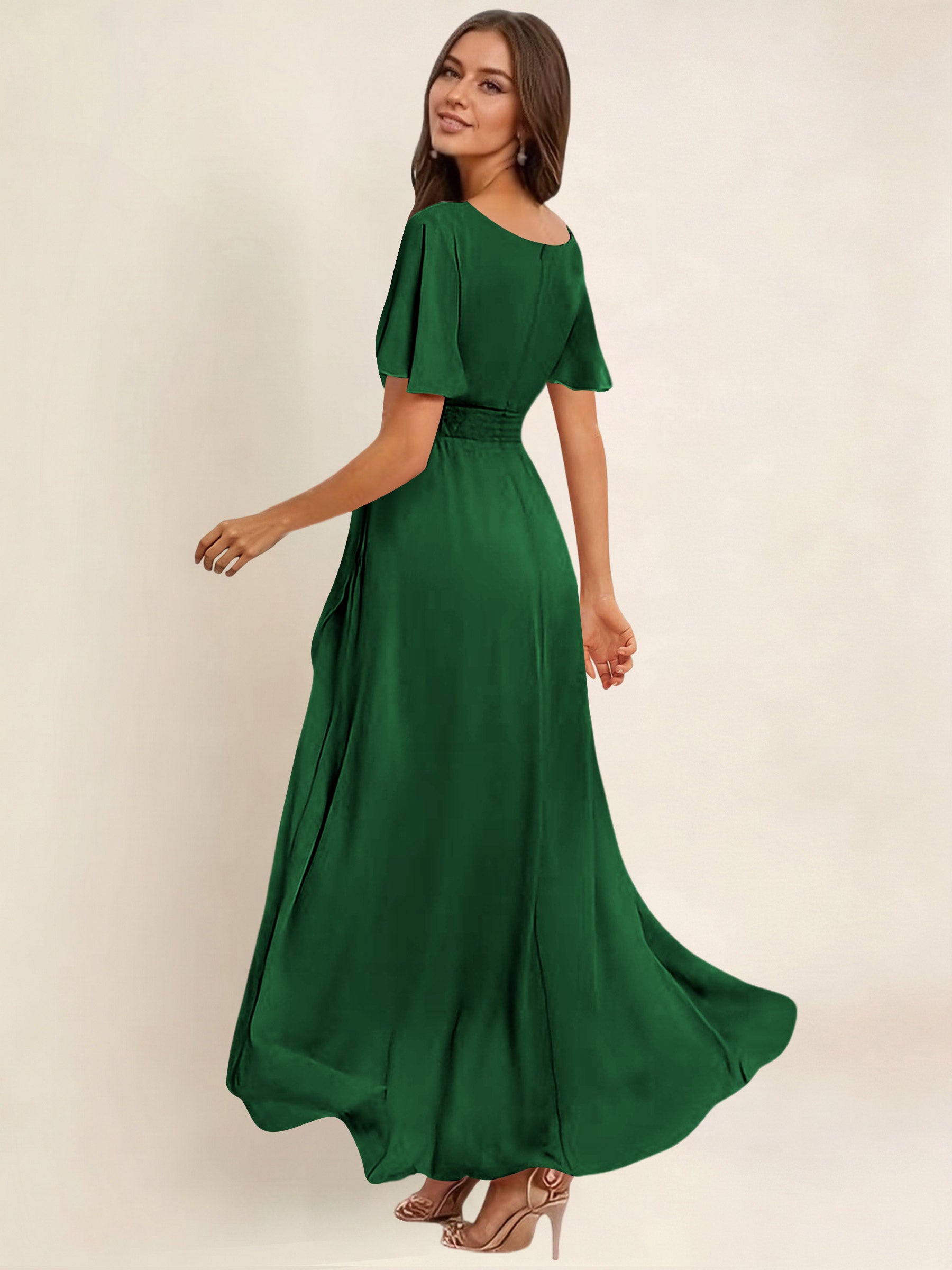 ROVDESY A-Line High Low Round Neck Pleated Ruffle Chiffon Bridesmaid Dress With Short Sleeves