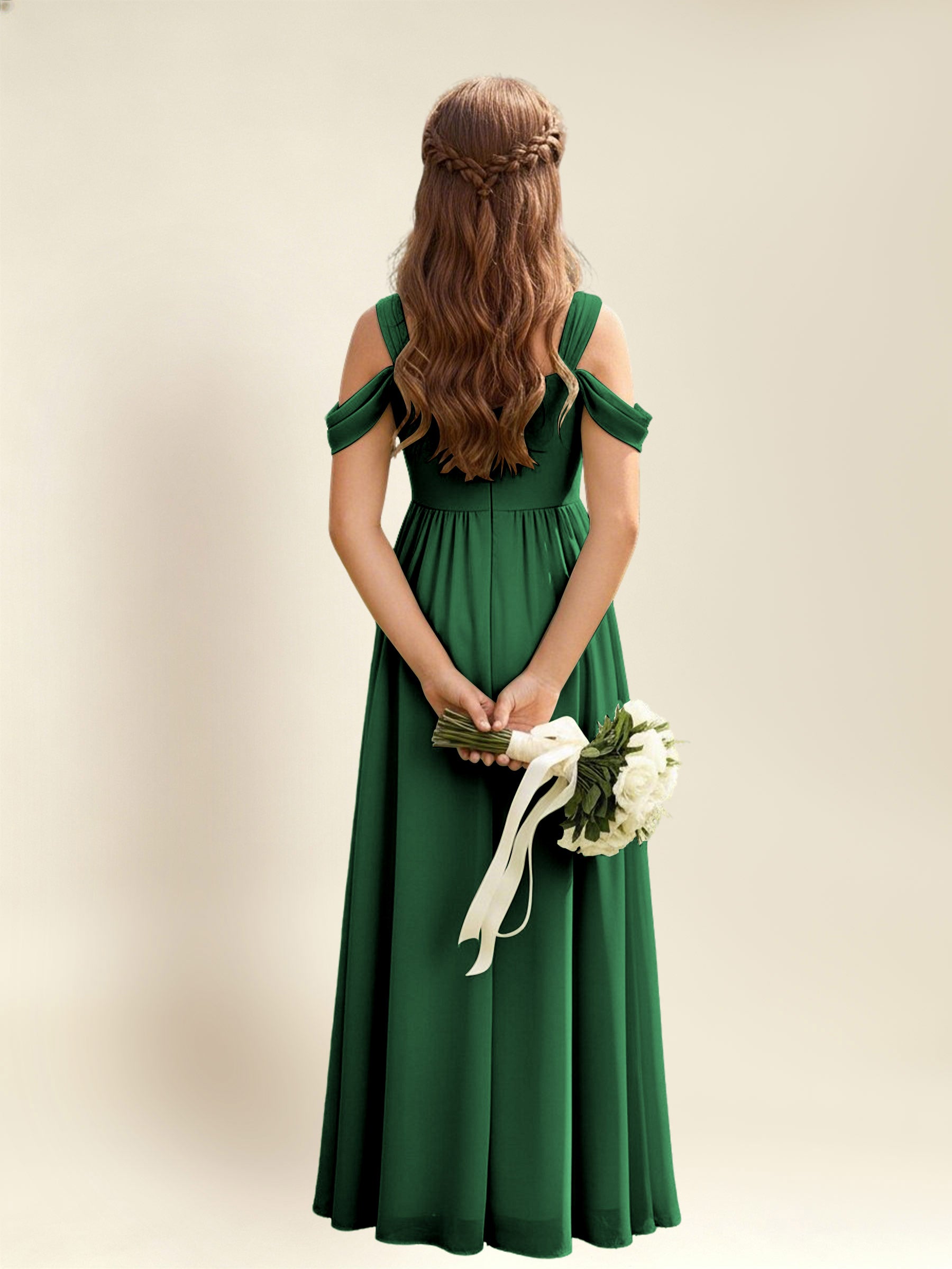 ROVDESY A-Line Off The Shoulder Pleated Chiffon Junior Bridesmaid Dress