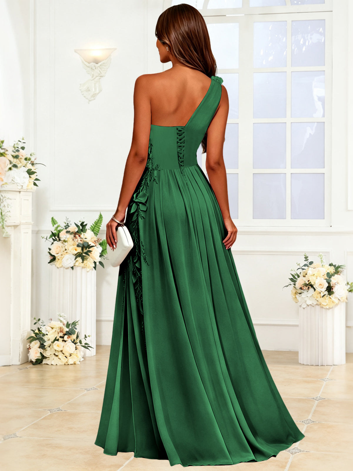 One Shoulder 3D Flower Chiffon Bridesmaid Dress with Slit