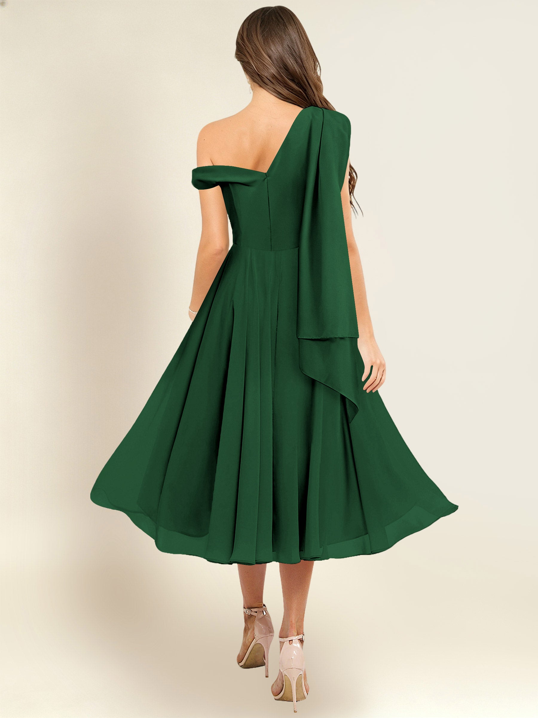 ROVDESY A-Line One Shoulder Pleated Chiffon Bridesmaid Dress With Flowing Sash