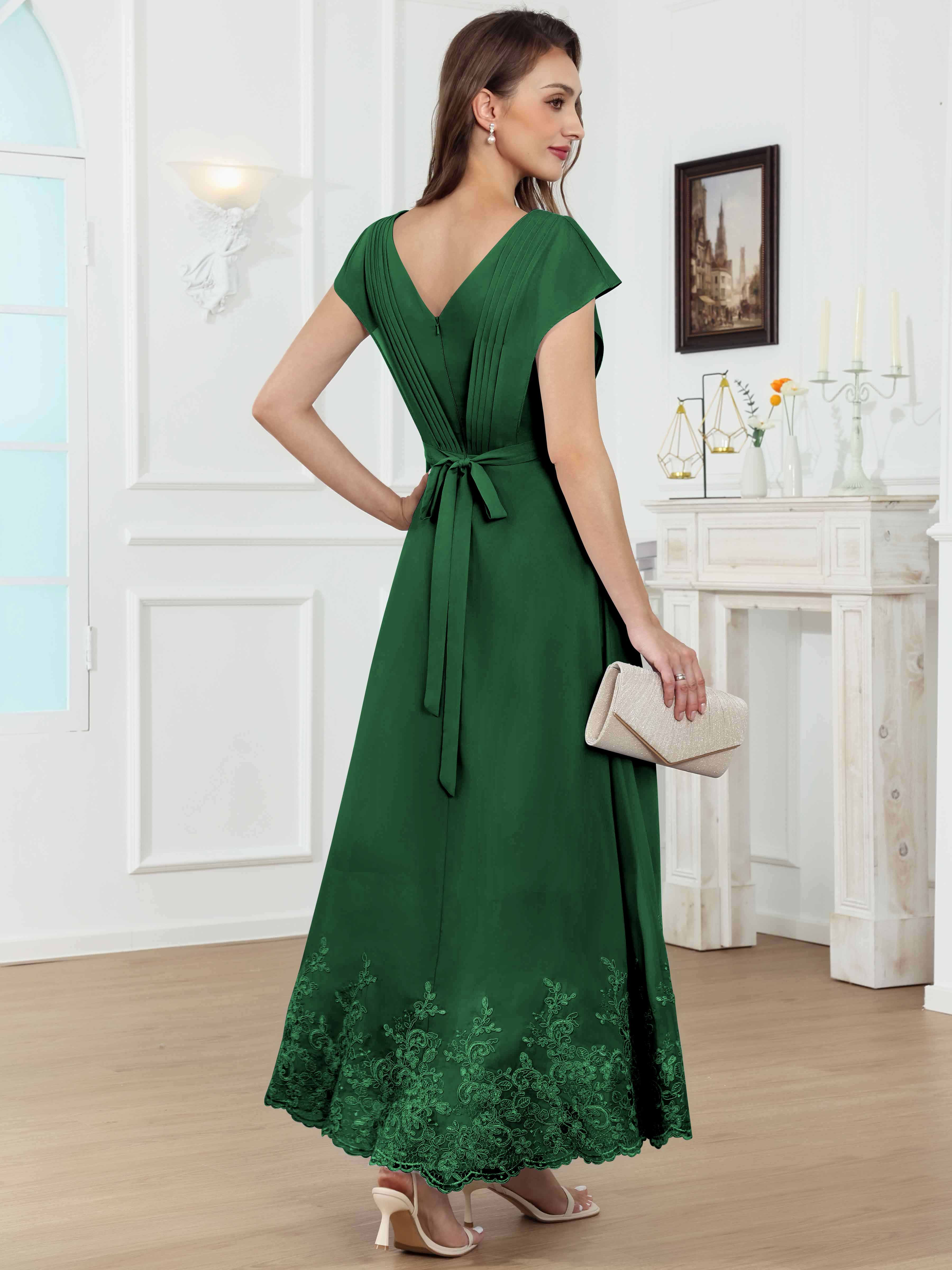 ROVDESY Tea Length High-Low V-Neck Ruched Lace Chiffon Mother of The Bride Dress for Women