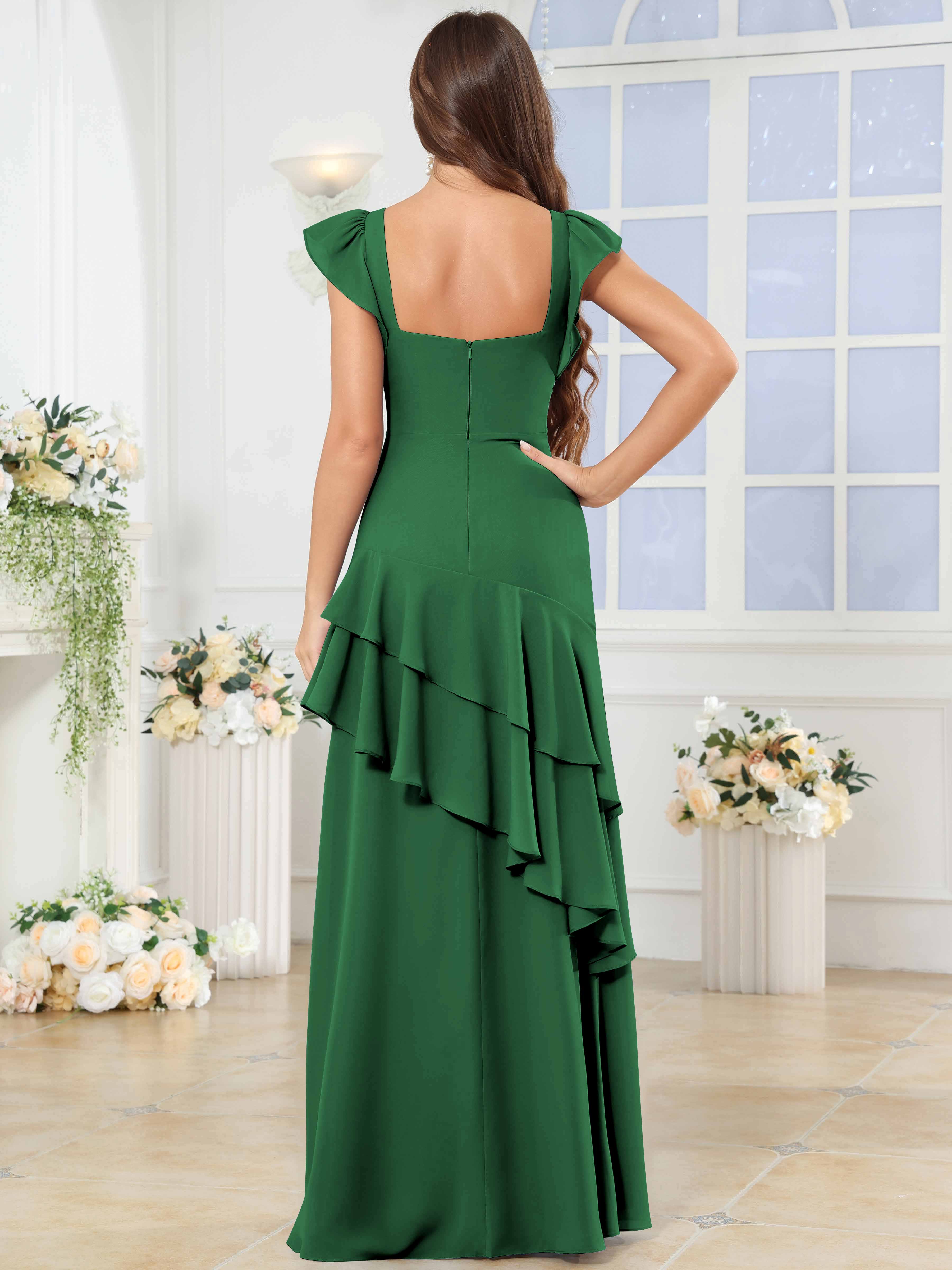 ROVDESY Sweetheart Tiered Ruffle Chiffon Bridesmaid Dress With Short Sleeves