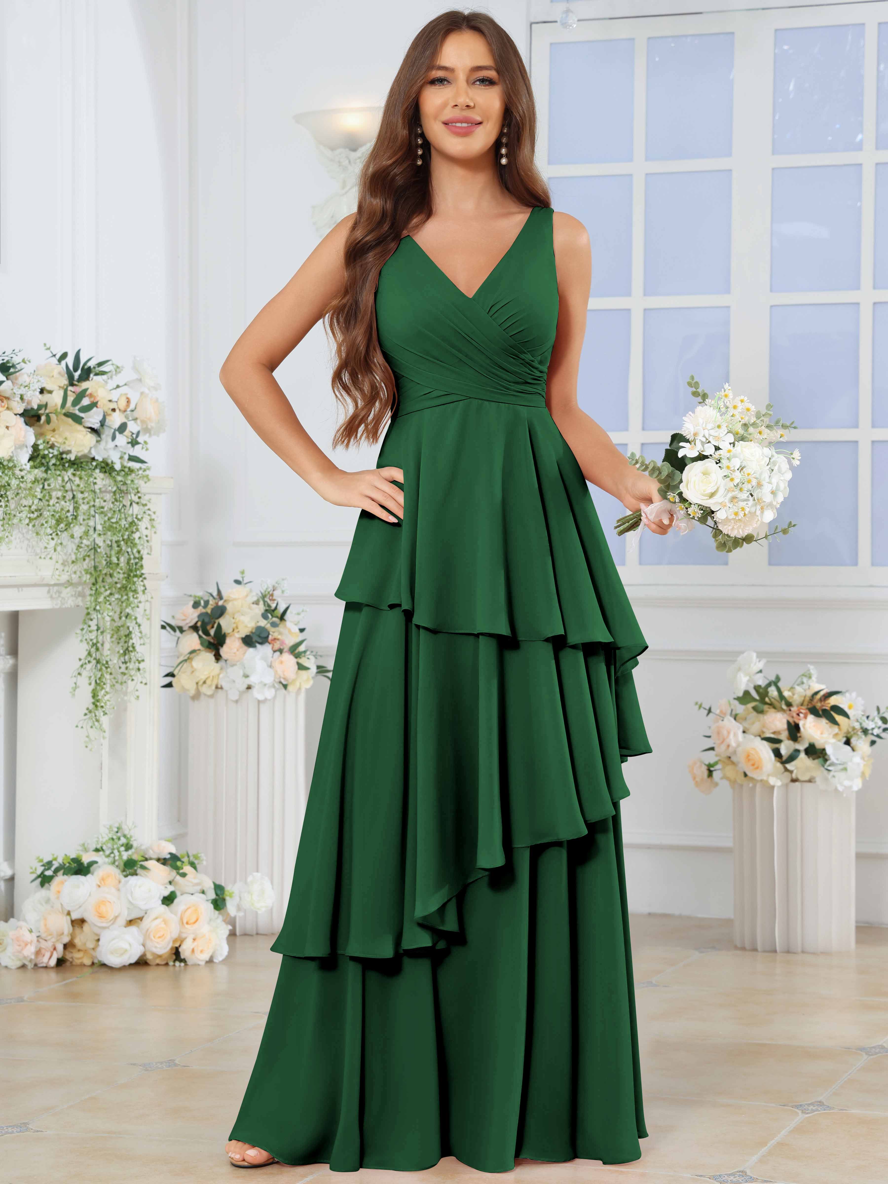 ROVDESY Long Sleeveless V-Neck Tiered Pleated Chiffon Bridesmaid Dress