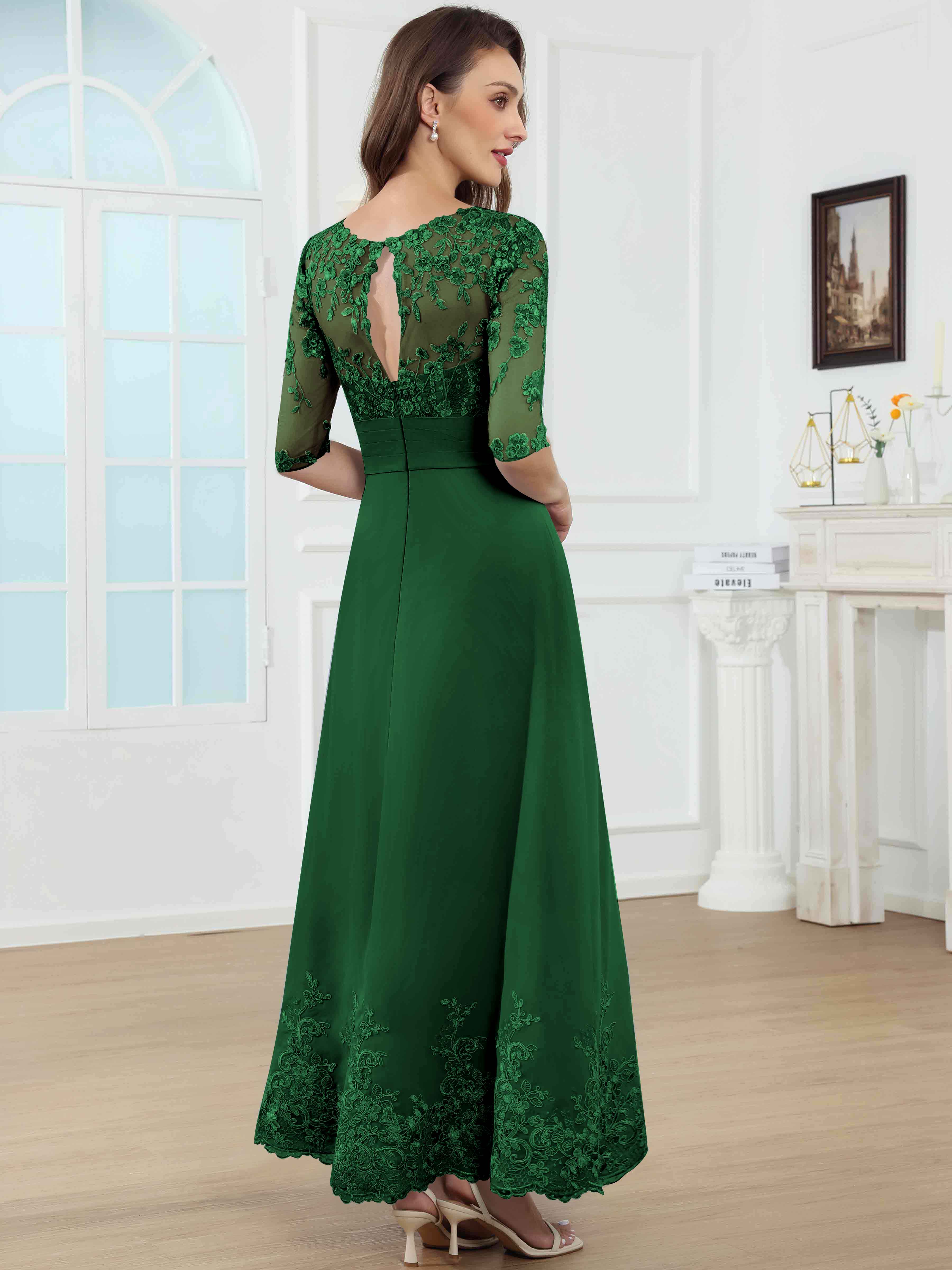 ROVDESY A-Line Lace Sequin Pleated Chiffon Mother Of The Bride Dress With Half Sleeves