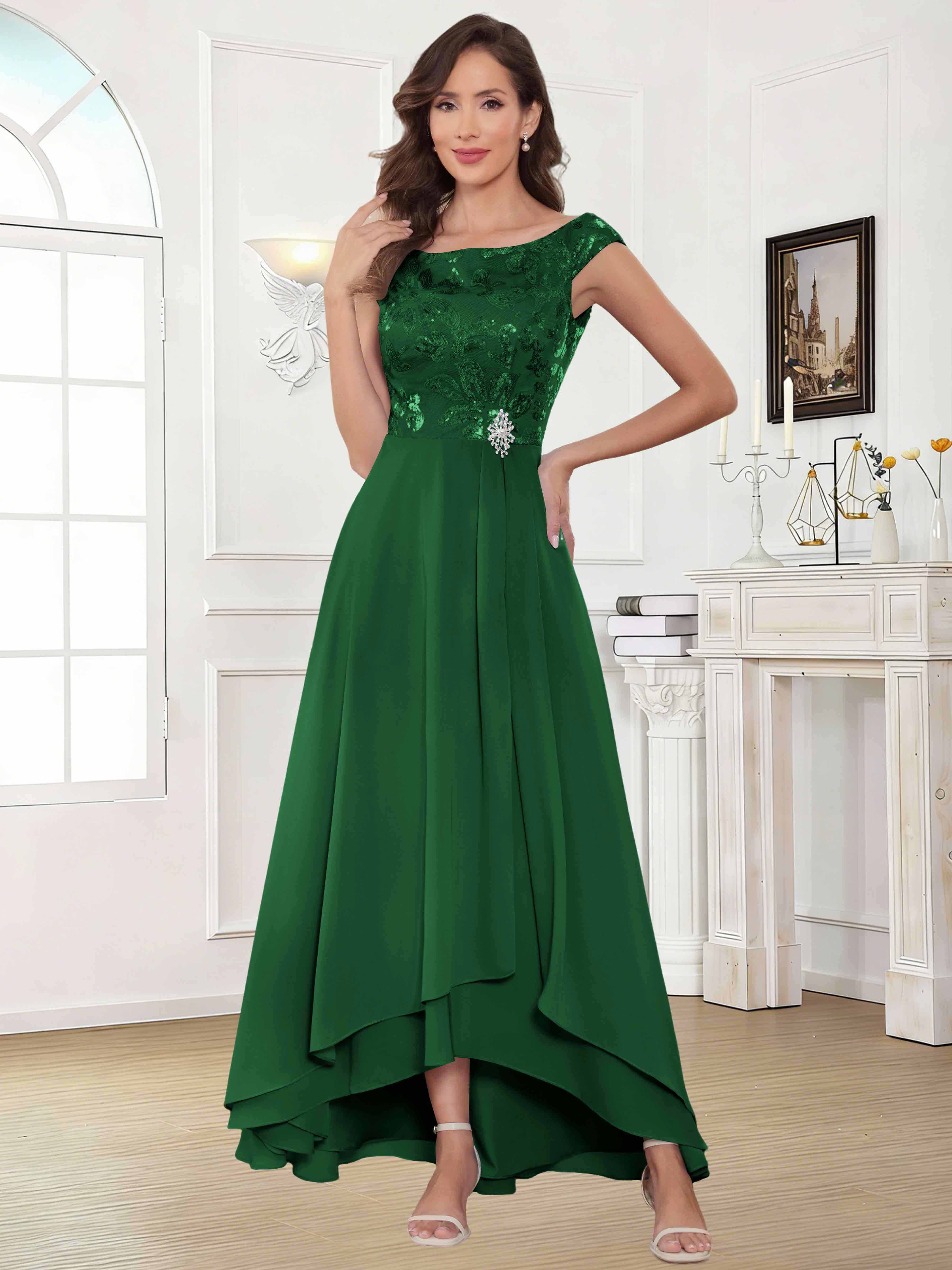 ROVDESY Tea Length Off-The-Shoulder Sequin Chiffon Mother Of The Bride Dress