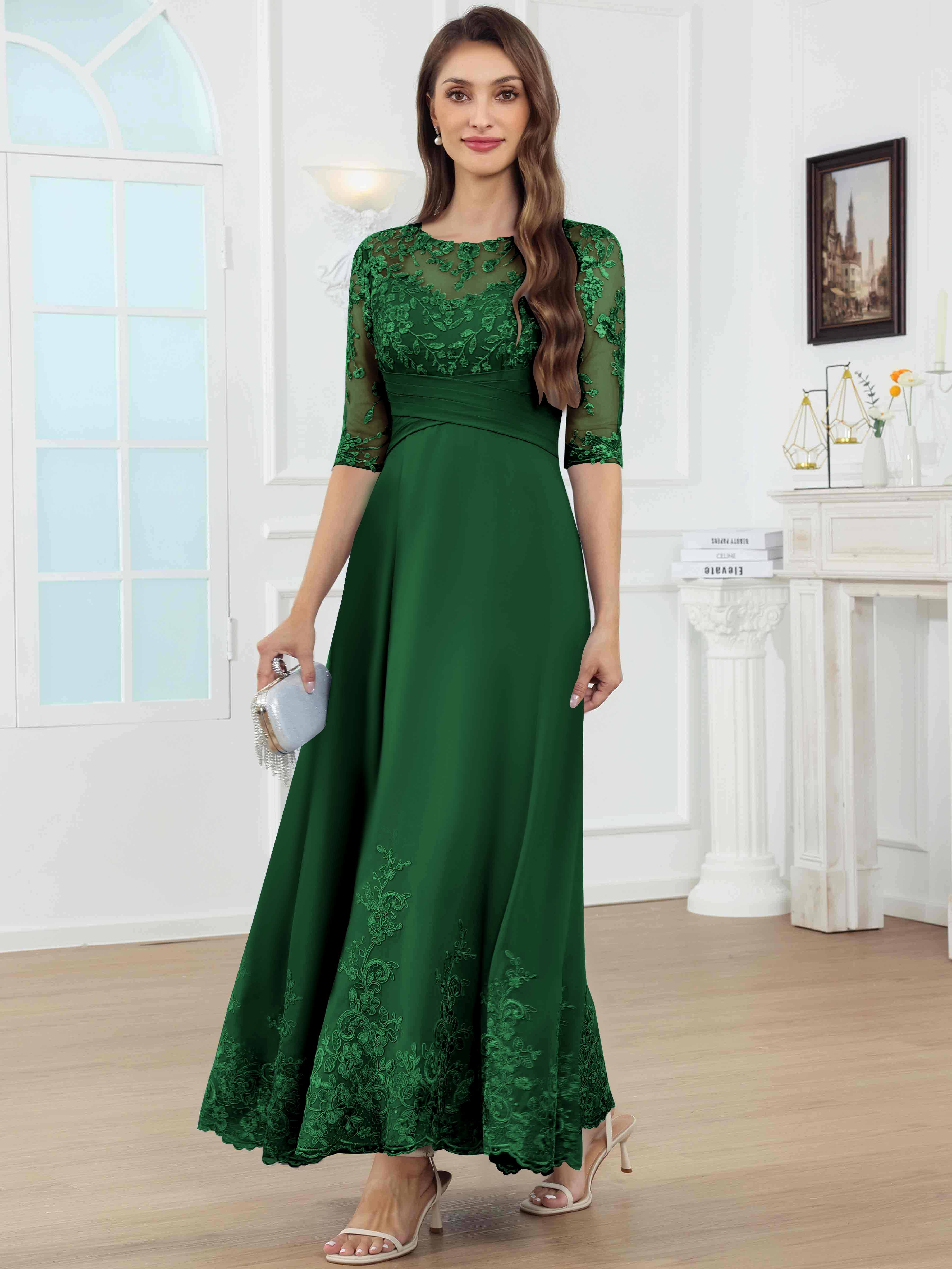 ROVDESY A-Line Lace Sequin Pleated Chiffon Mother Of The Bride Dress With Half Sleeves