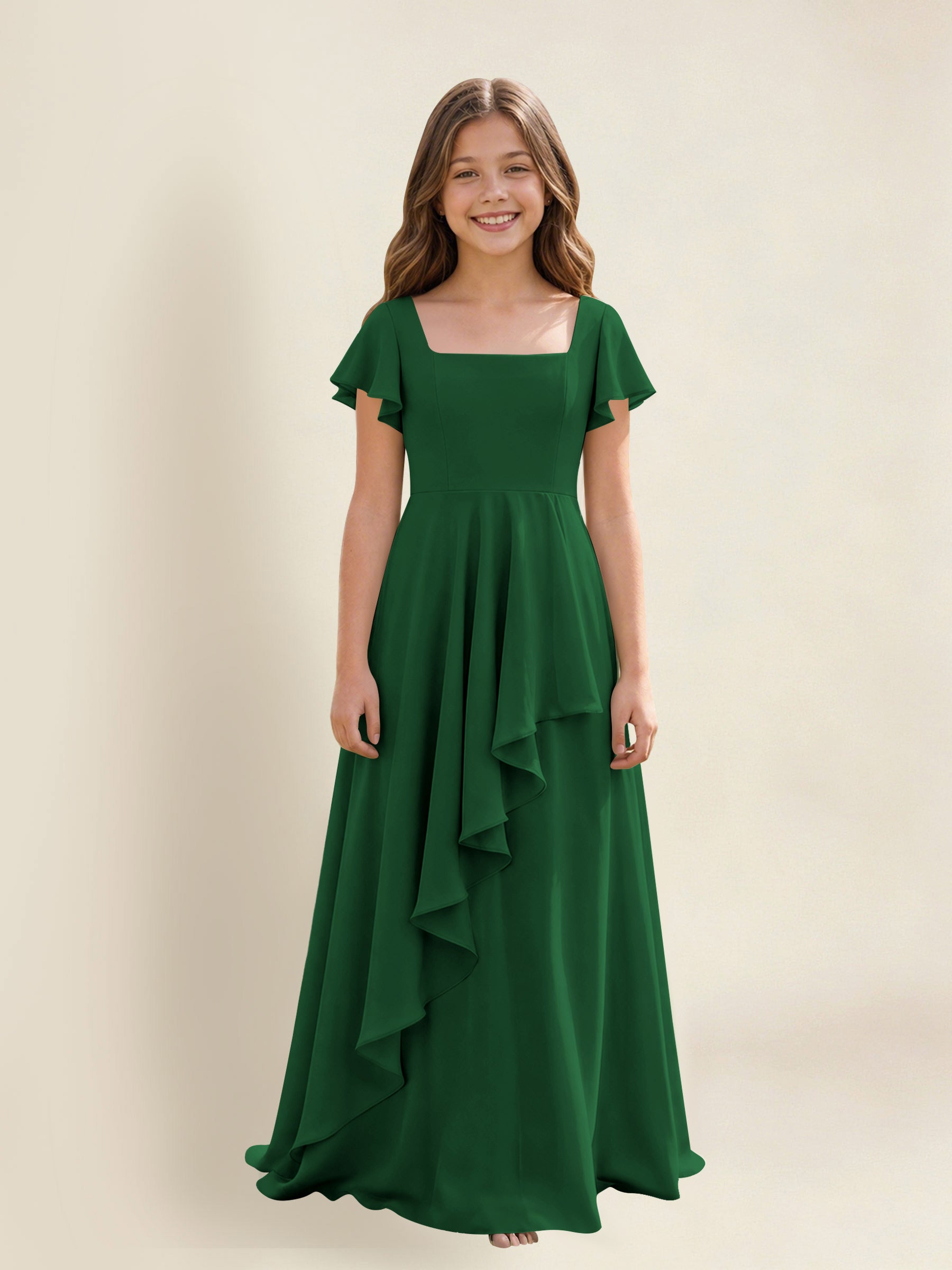 ROVDESY A-Line Square Neck Ruffle Chiffon Junior Bridesmaid Dress With Short Sleeves