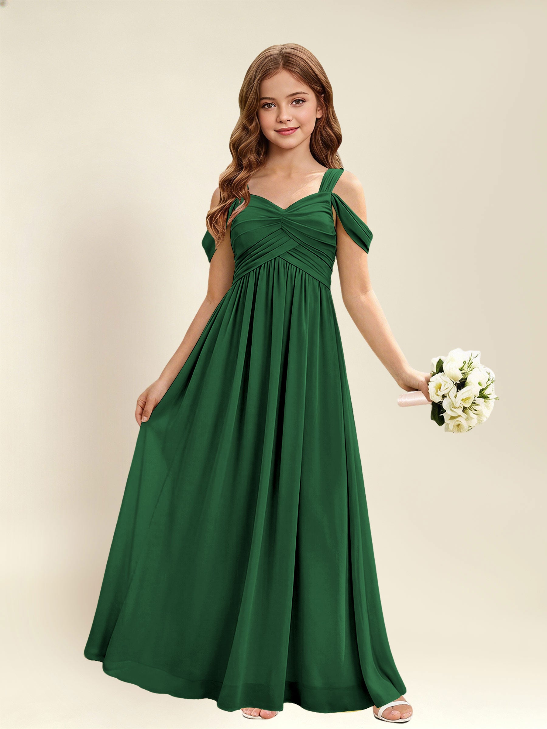 ROVDESY A-Line Off The Shoulder Pleated Chiffon Junior Bridesmaid Dress