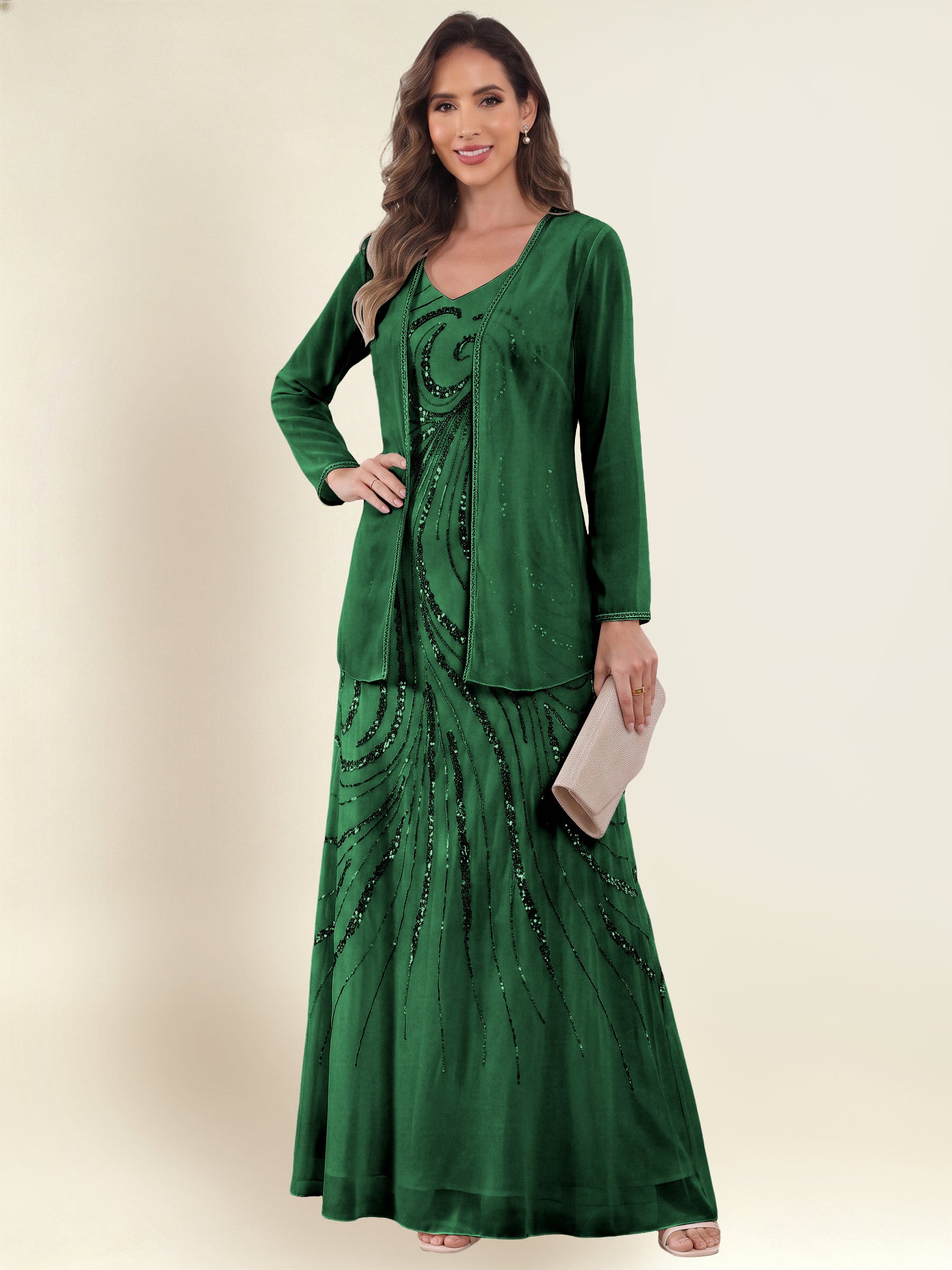 ROVDESY 2 Pieces V-Neck Sequin Chiffon Long Mother Of The Bride Dress With Long Sleeve Jacket