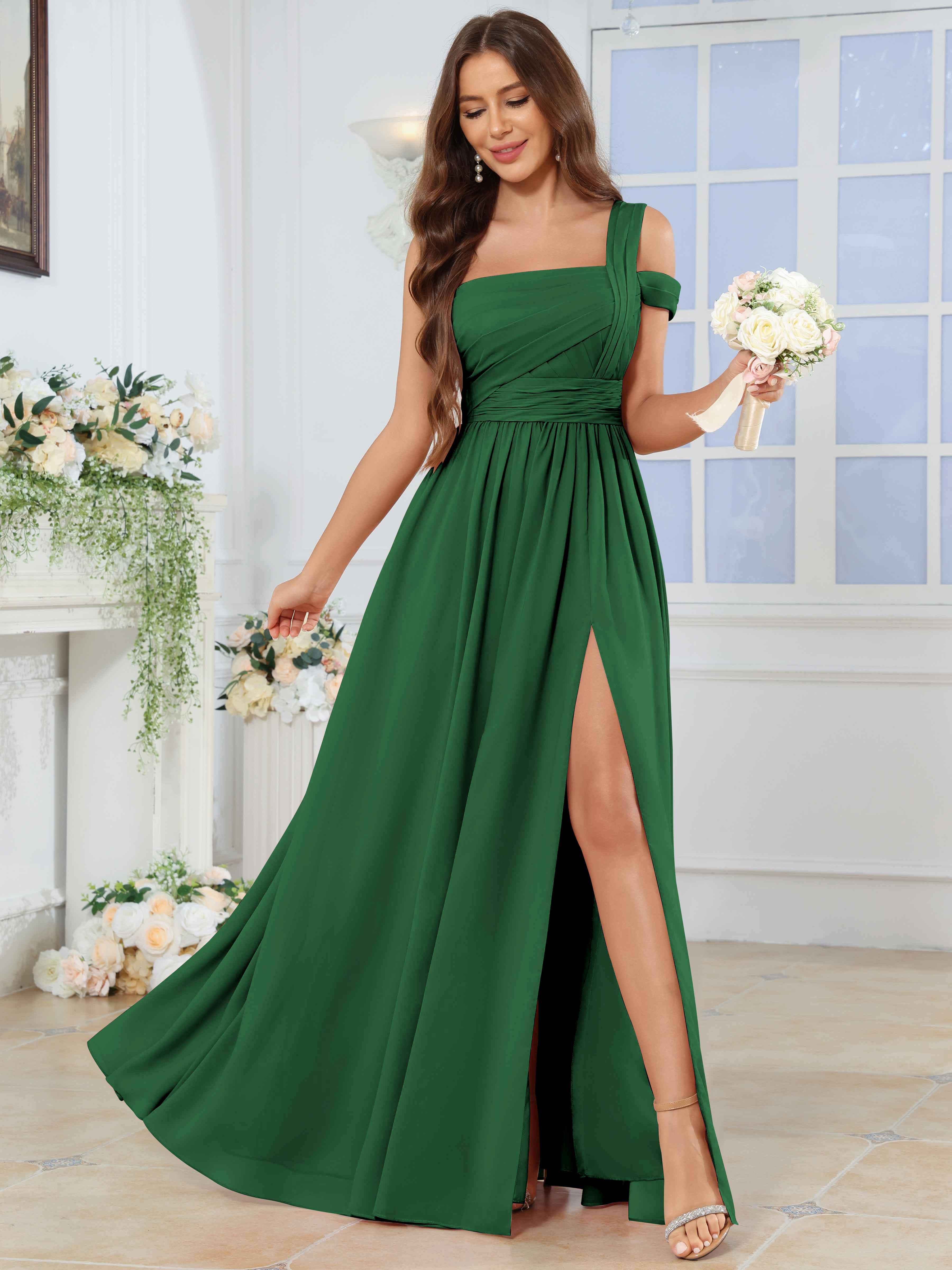 ROVDESY One Shoulder Pleated Chiffon Bridesmaid Dress With Slit