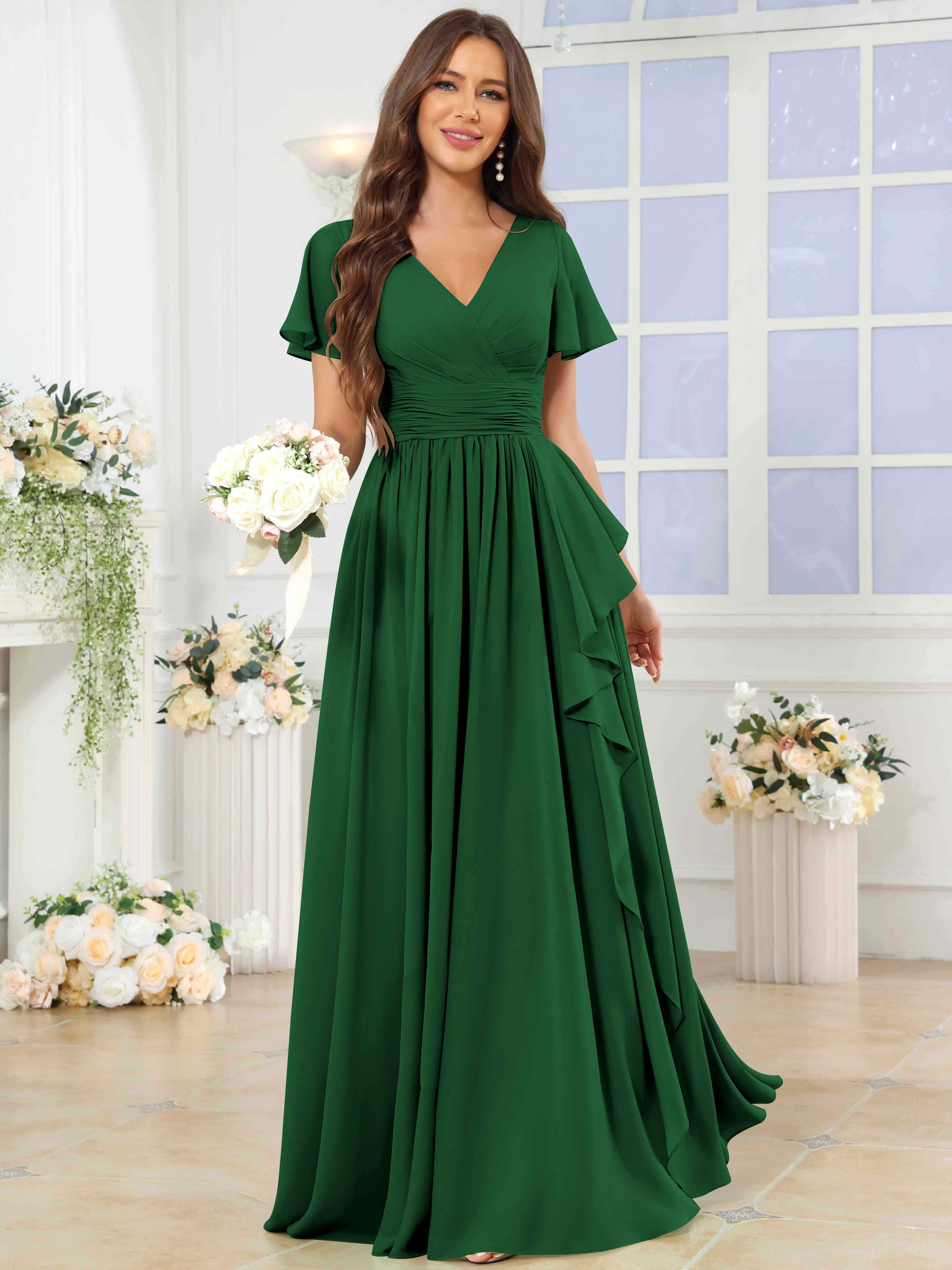 ROVDESY A-Line V-Neck Slit Pleated Ruffle Chiffon Bridesmaid Dress With Short Sleeves