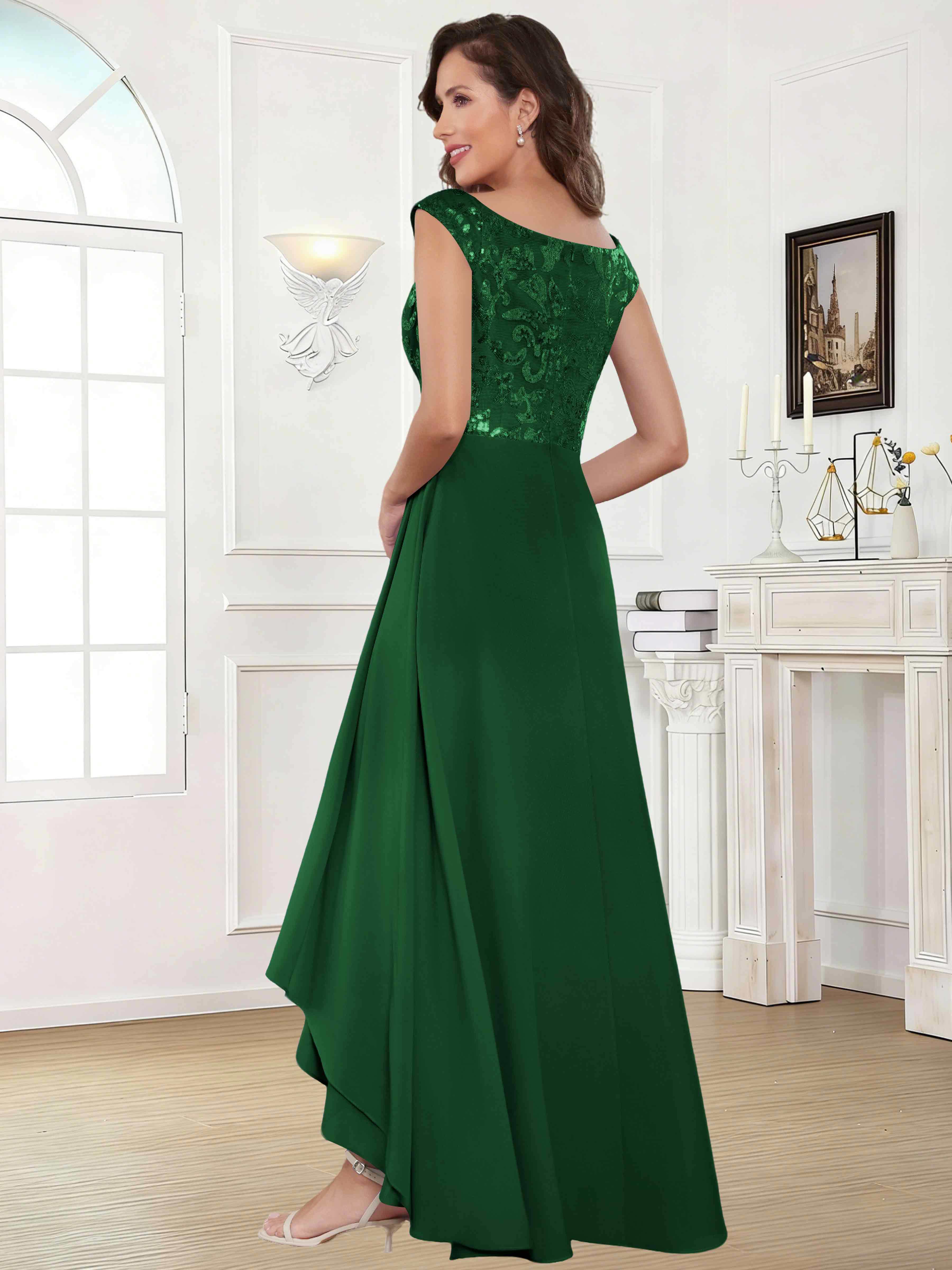 ROVDESY Tea Length Off-The-Shoulder Sequin Chiffon Mother Of The Bride Dress
