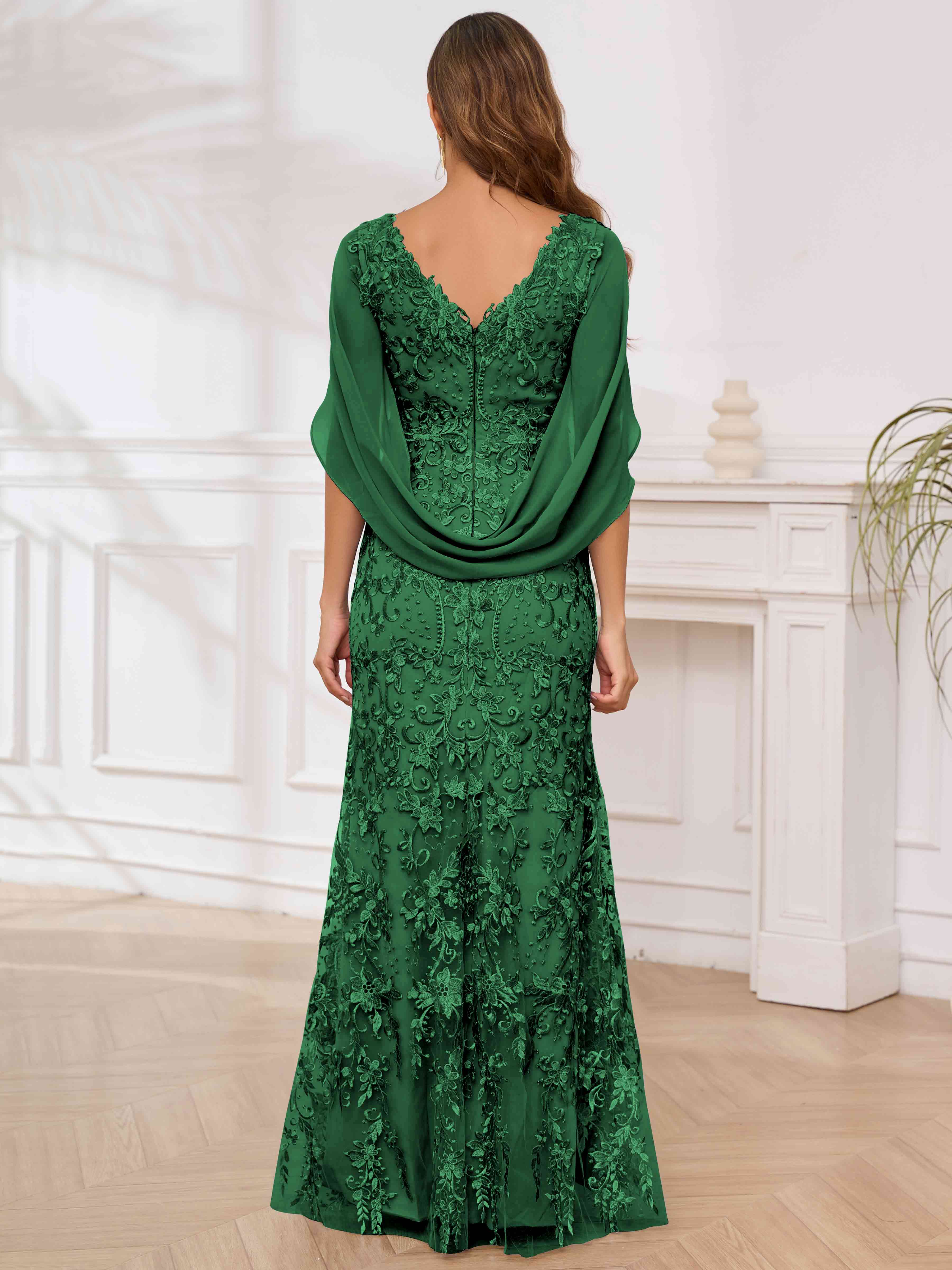 ROVDESY V-Neck Lace Mermaid Mother Of The Bride Dress With Cape Sleeves Long Formal Gown