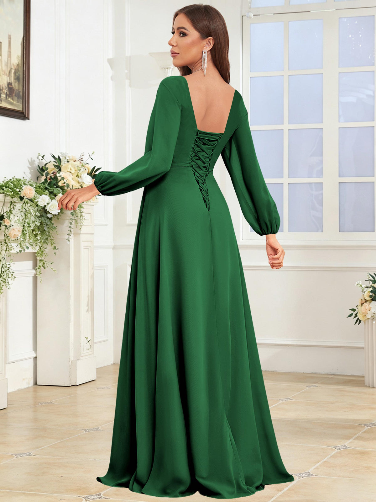 V Neck Chiffon Long Sleeve Bridesmaid Dresses with Slit