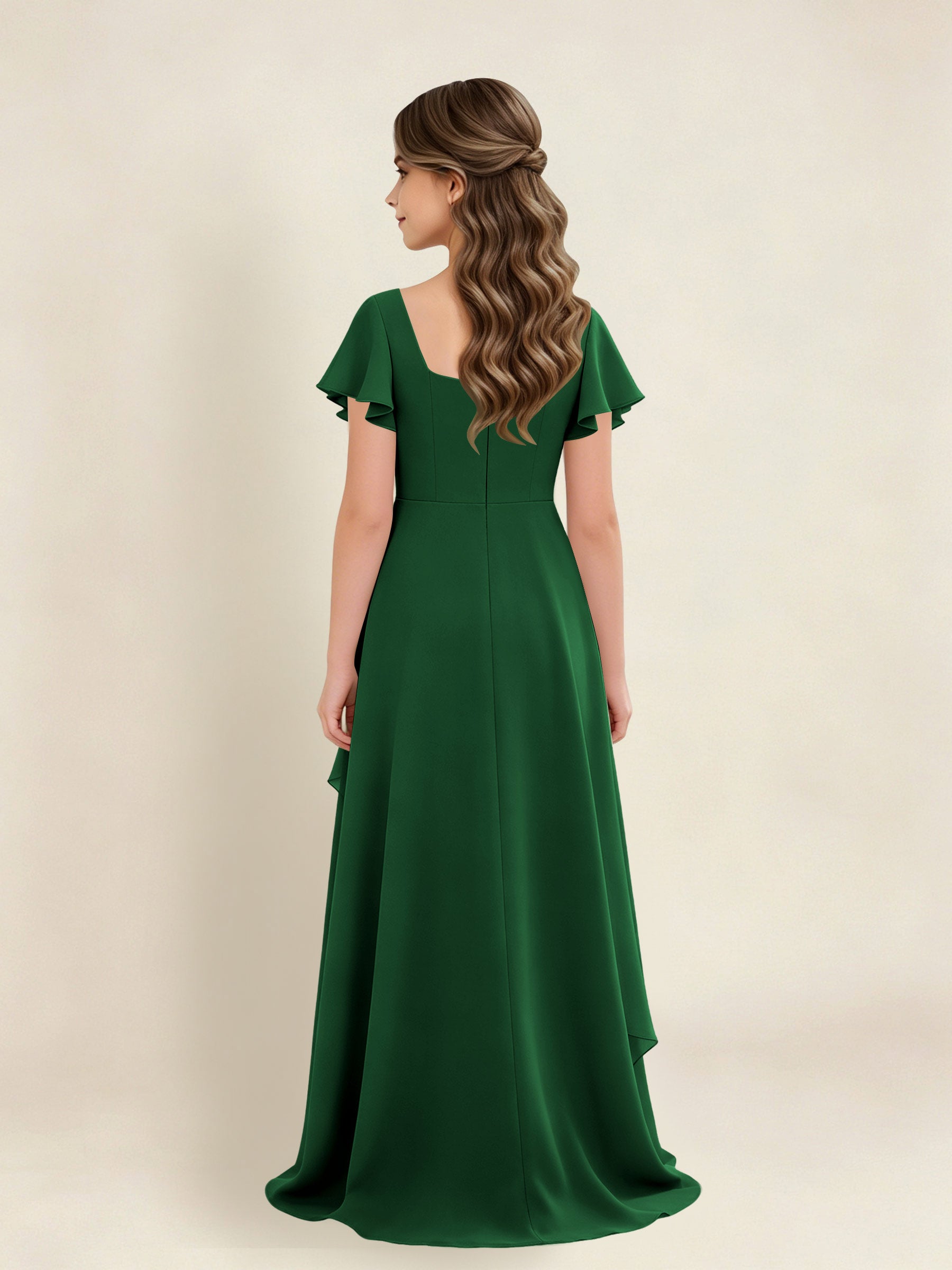 ROVDESY A-Line Square Neck Ruffle Chiffon Junior Bridesmaid Dress With Short Sleeves