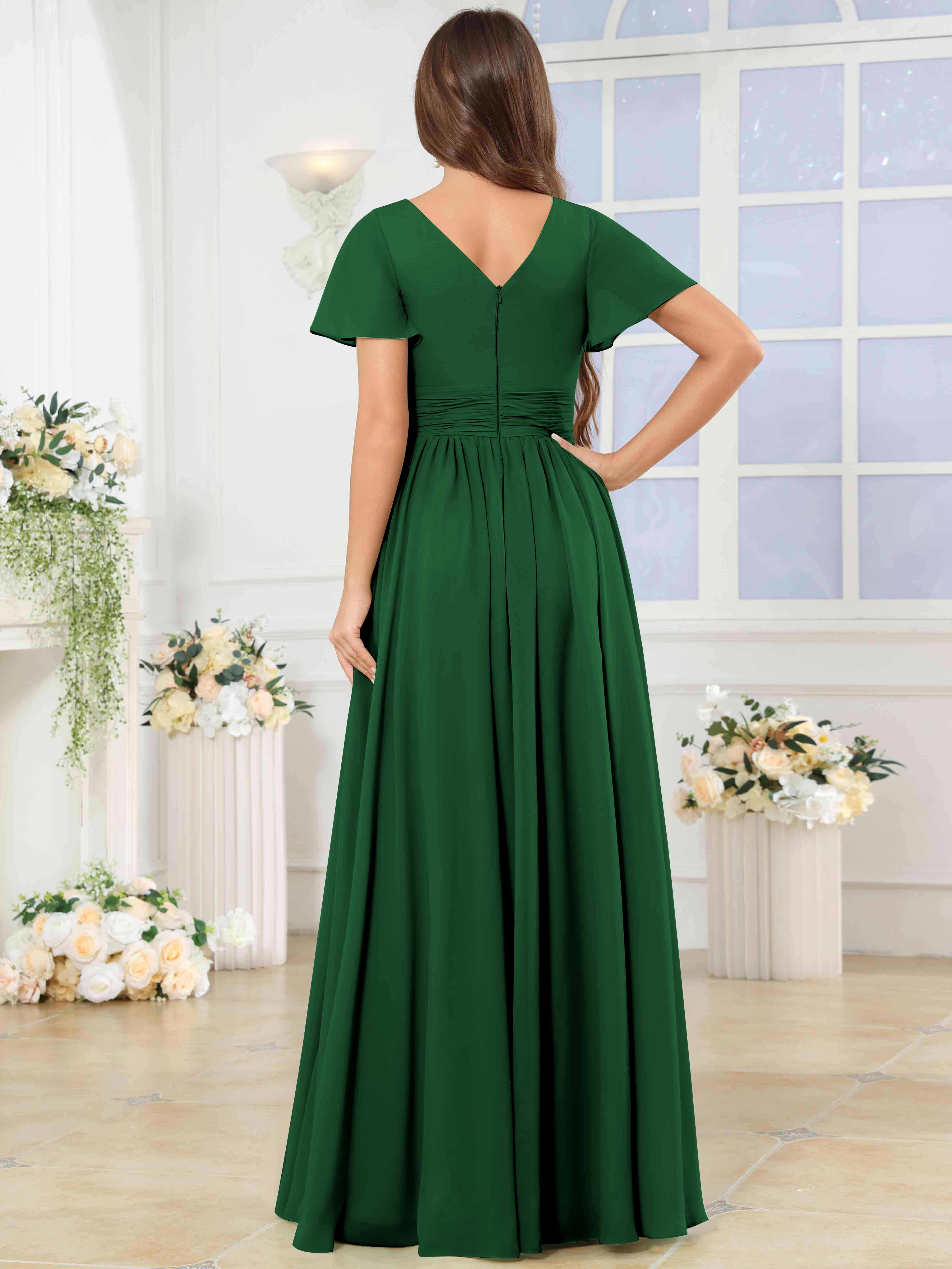 ROVDESY A-Line V-Neck Slit Pleated Ruffle Chiffon Bridesmaid Dress With Short Sleeves