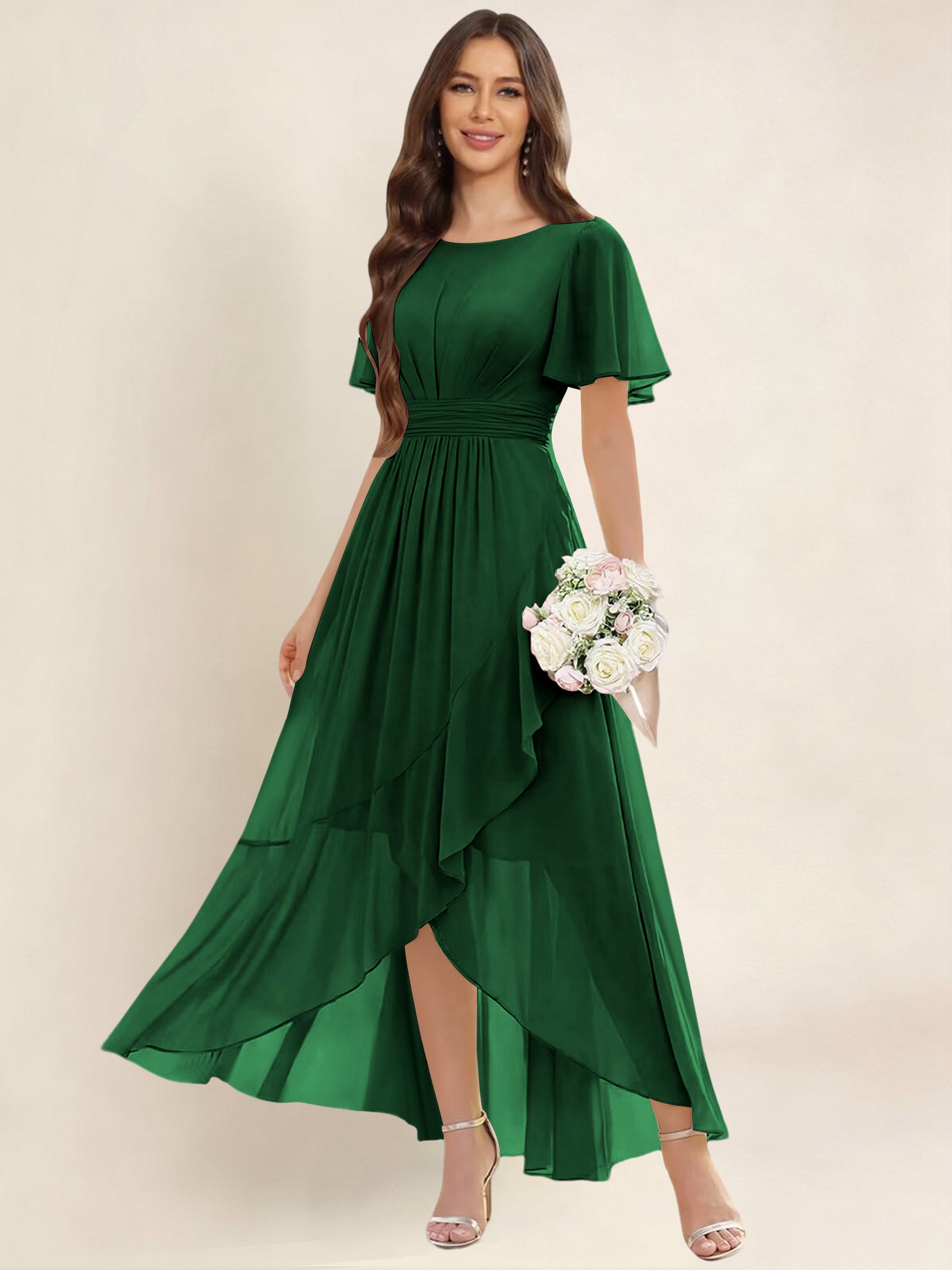 ROVDESY A-Line High Low Round Neck Pleated Ruffle Chiffon Bridesmaid Dress With Short Sleeves