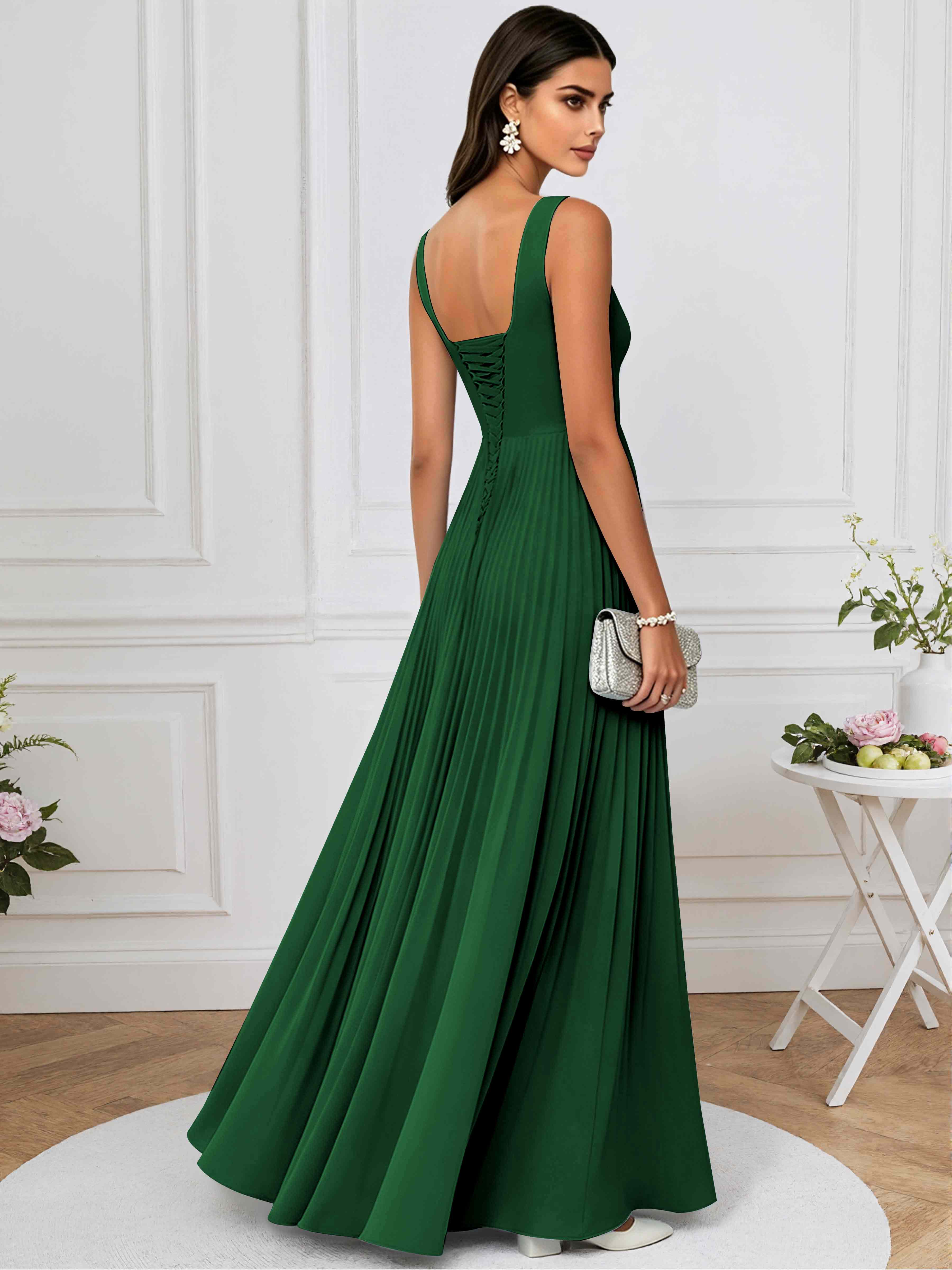 ROVDESY A-Line Square Neck Pleated Chiffon Long Bridesmaid/Prom Dress