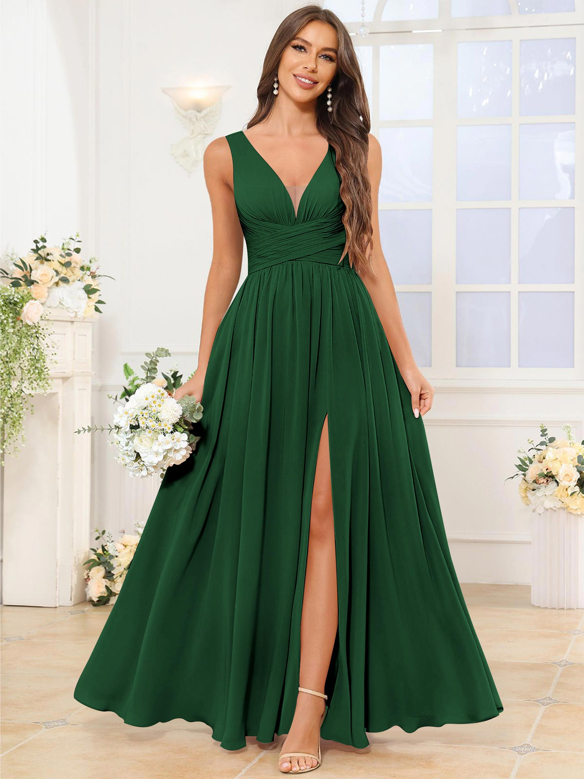 V Neck Chiffon A Line Bridesmaid Dress with Slit