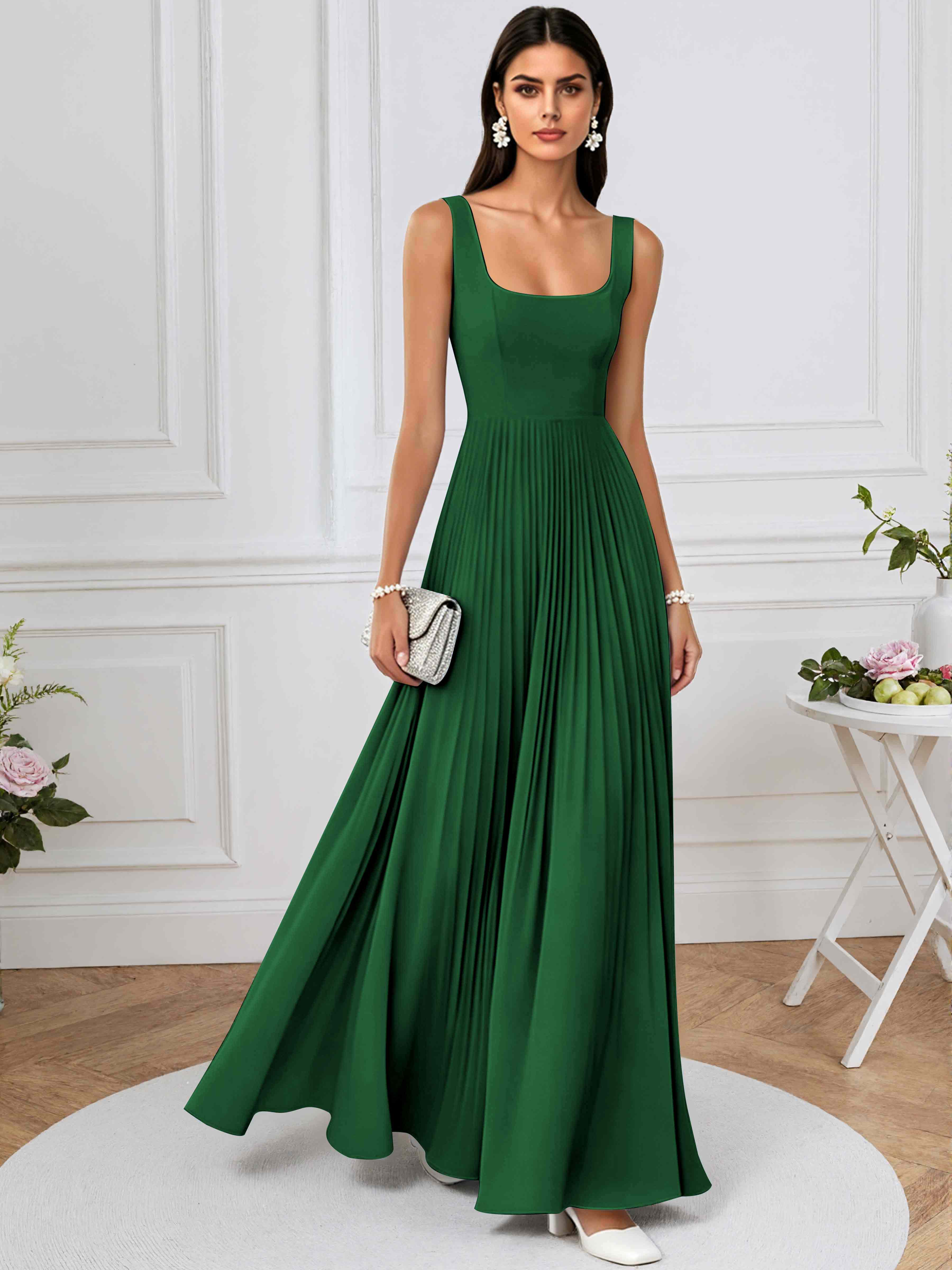 ROVDESY A-Line Square Neck Pleated Chiffon Long Bridesmaid/Prom Dress