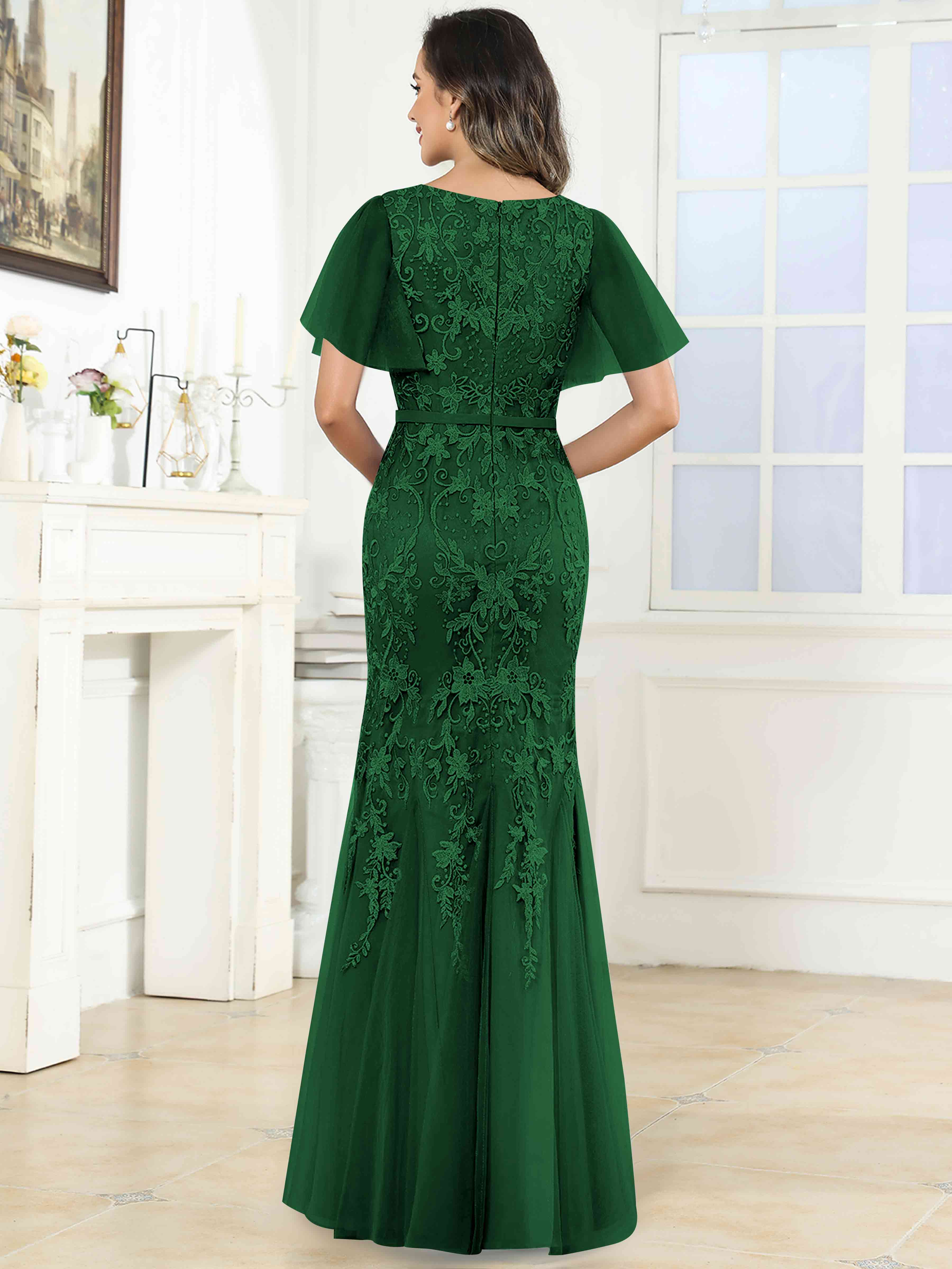 ROVDESY Elegant V-Neck Lace Mermaid Long Mother Of The Bride Dress Formal Gown With Sleeves