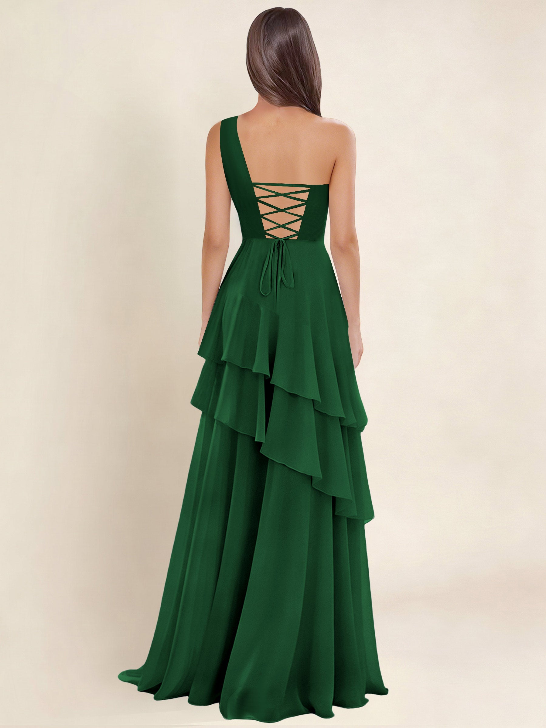 ROVDESY A-Line One Shoulder Pleated Tiered Chiffon Bridesmaid Dress