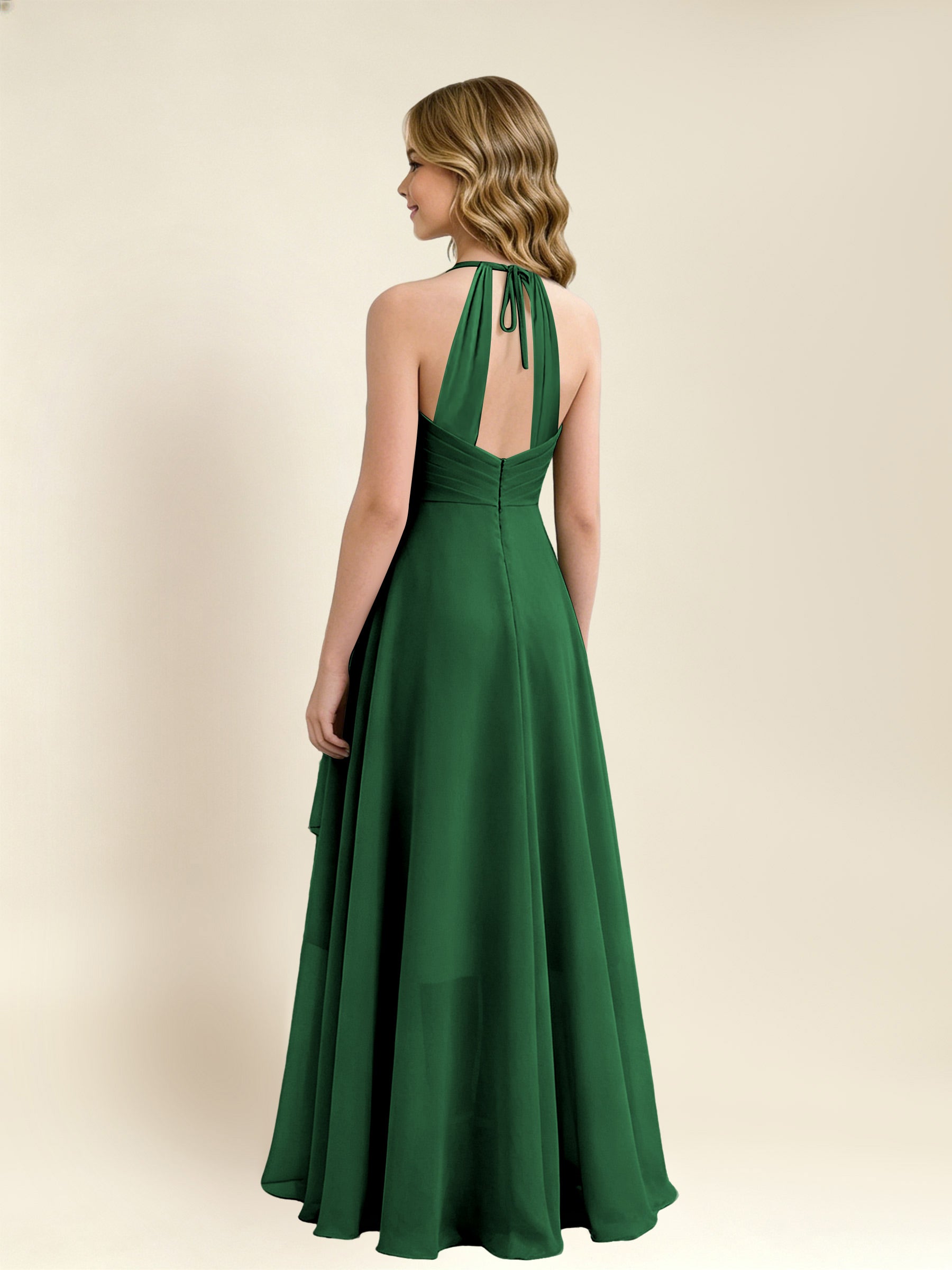 ROVDESY A-Line Halter Pleated Chiffon Junior Bridesmaid Dress