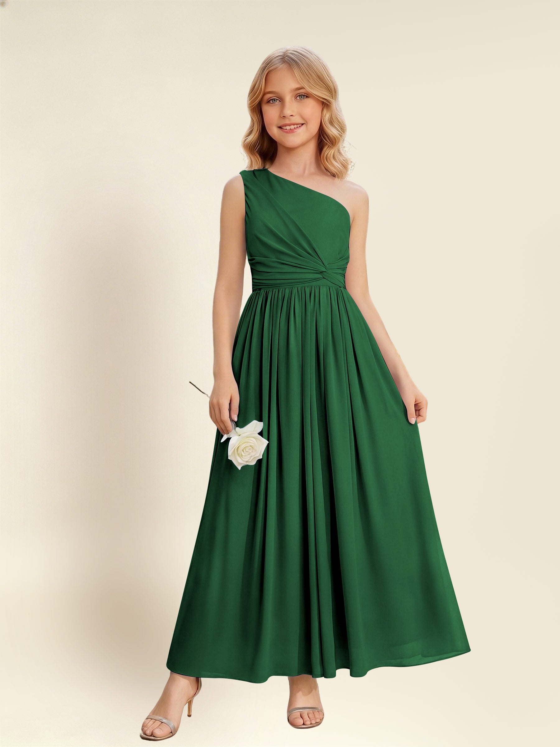ROVDESY One Shoulder Twist Waist Chiffon Junior Bridesmaid Maxi Dress