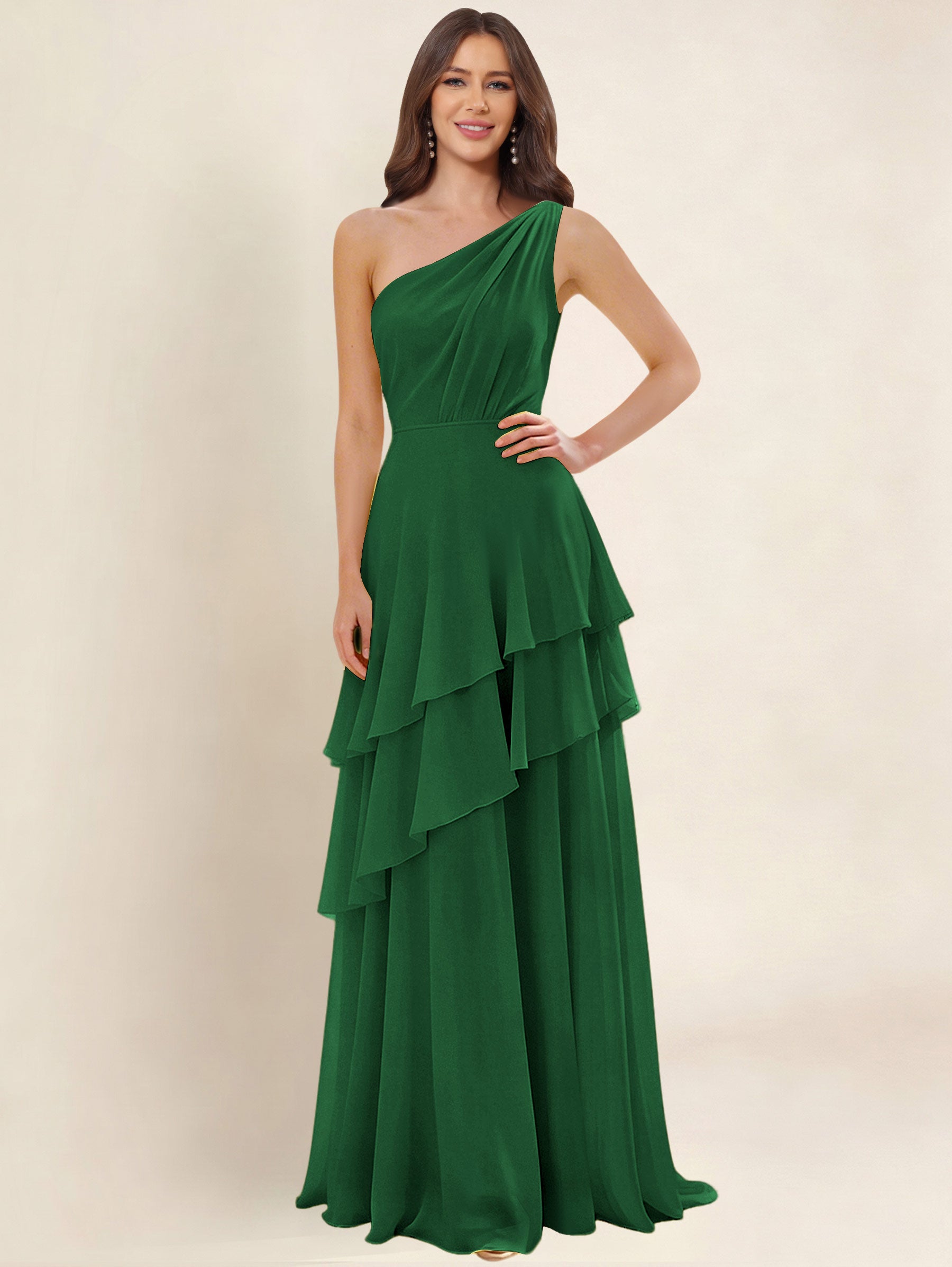 ROVDESY A-Line One Shoulder Pleated Tiered Chiffon Bridesmaid Dress