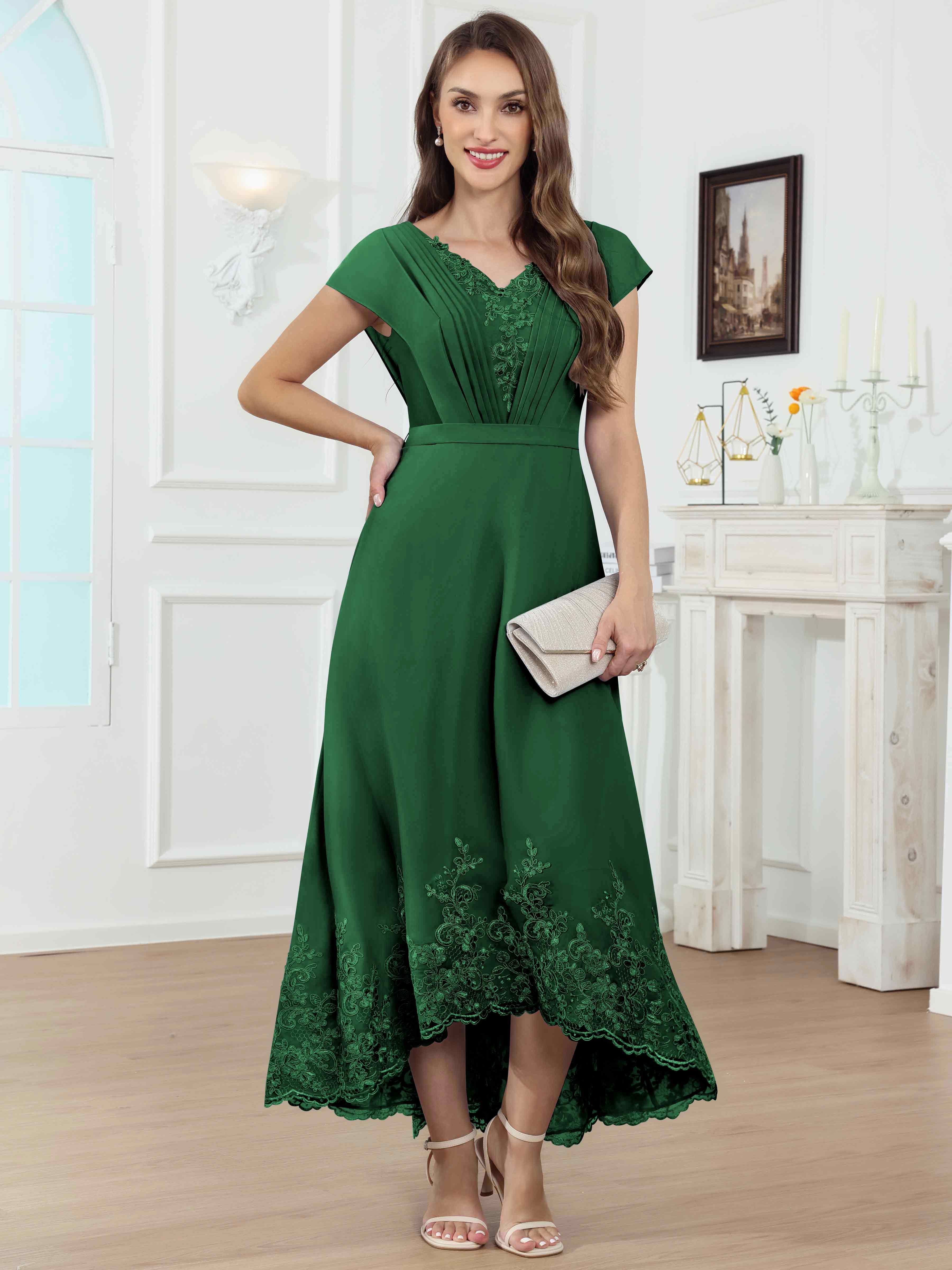 ROVDESY Tea Length High-Low V-Neck Ruched Lace Chiffon Mother of The Bride Dress for Women
