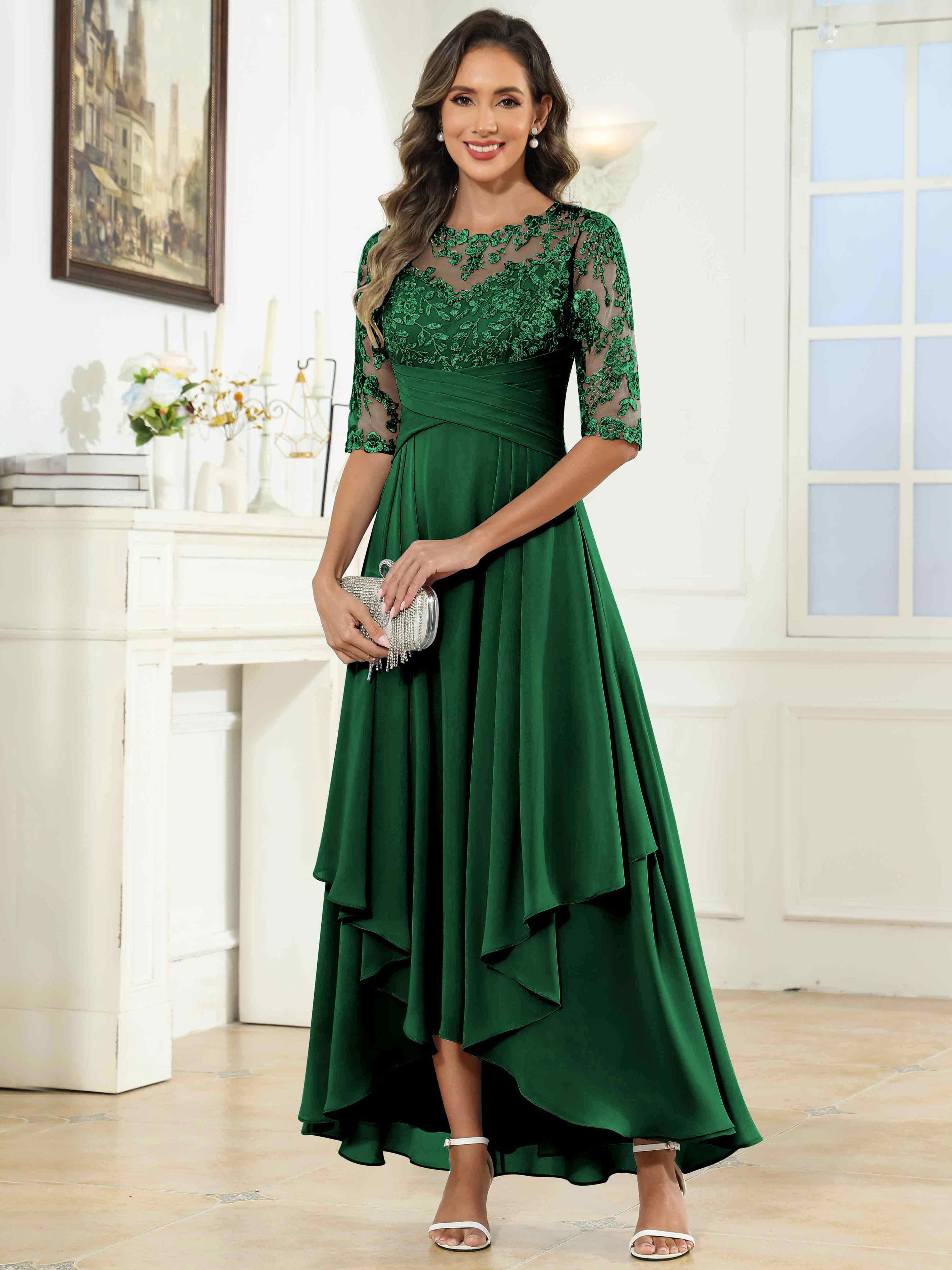 ROVDESY Tea Length A-Line Lace Chiffon Mother Of The Bride Dress With Half Sleeves