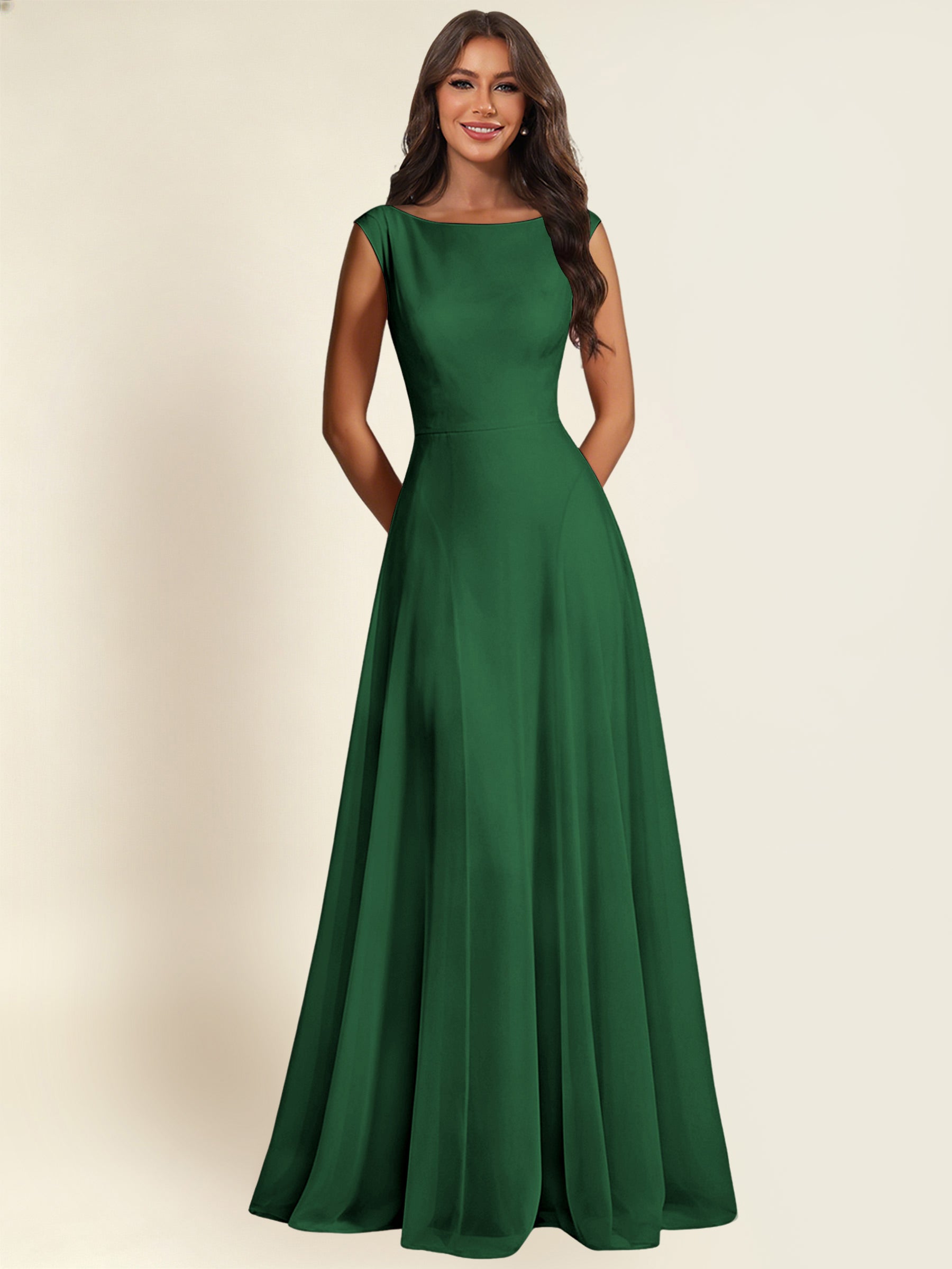 ROVDESY A-Line Chiffon Long Bridesmaid Dress With Sleeveless