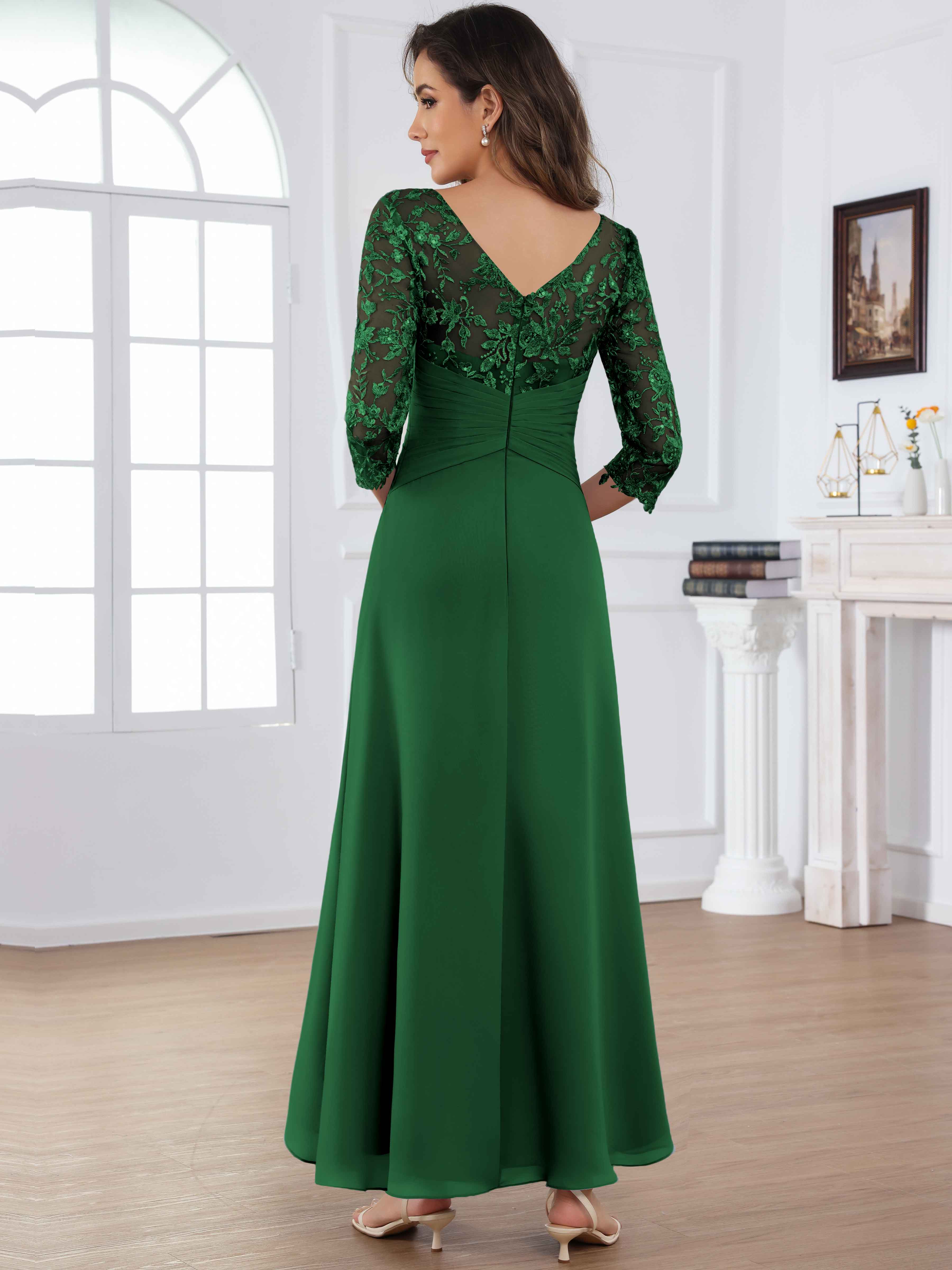 ROVDESY Tea Length Lace Chiffon Mother of The Bride Dress with 3/4 Sleeves