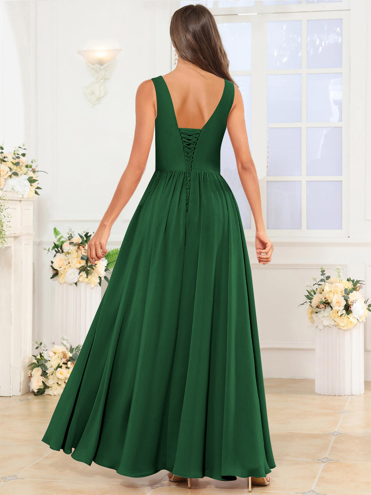 V Neck Chiffon A Line Bridesmaid Dress with Slit