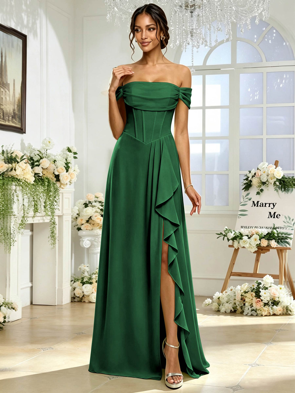 Off the Shoulder Chiffon A Line Long Bridesmaid Dress with Slit